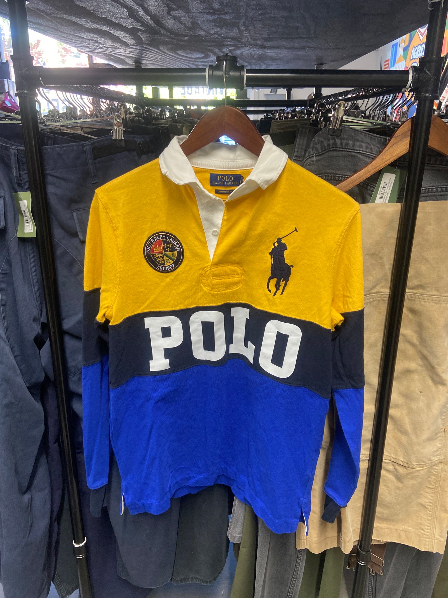 Y2K Polo Ralph Lauren Yellow/Blue Big Pony Rugby Longsleeve Shirt