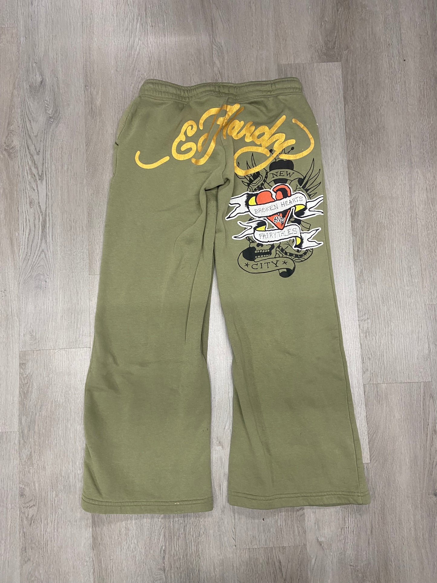Women’s Ed Hardy Broken Heart Olive Green Wide Leg Sweatpants