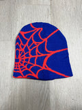 Blue w/ Red Y2K Style Spider Web Beanie