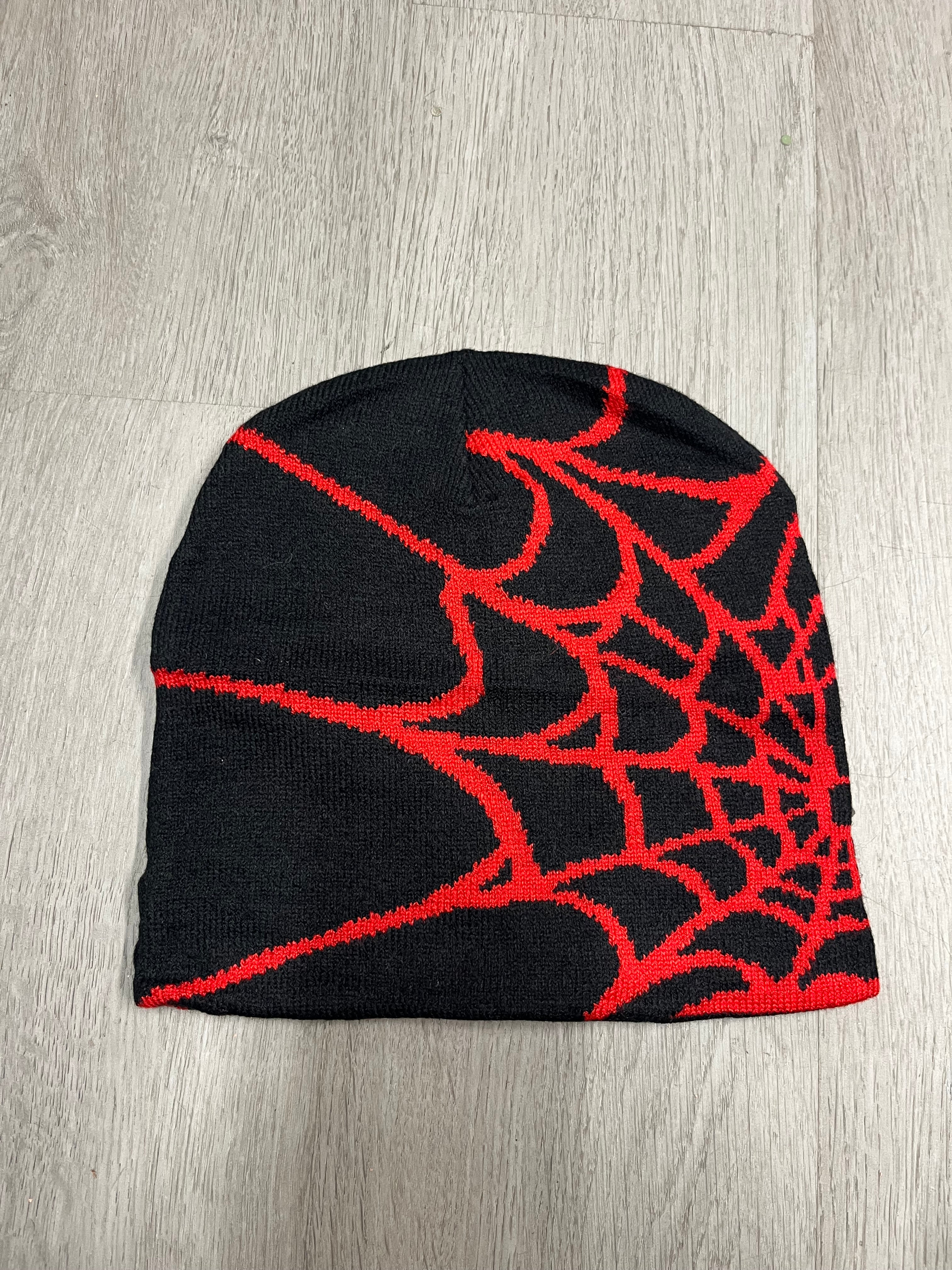 Black w/ Red Y2K Style Spider Web Beanie