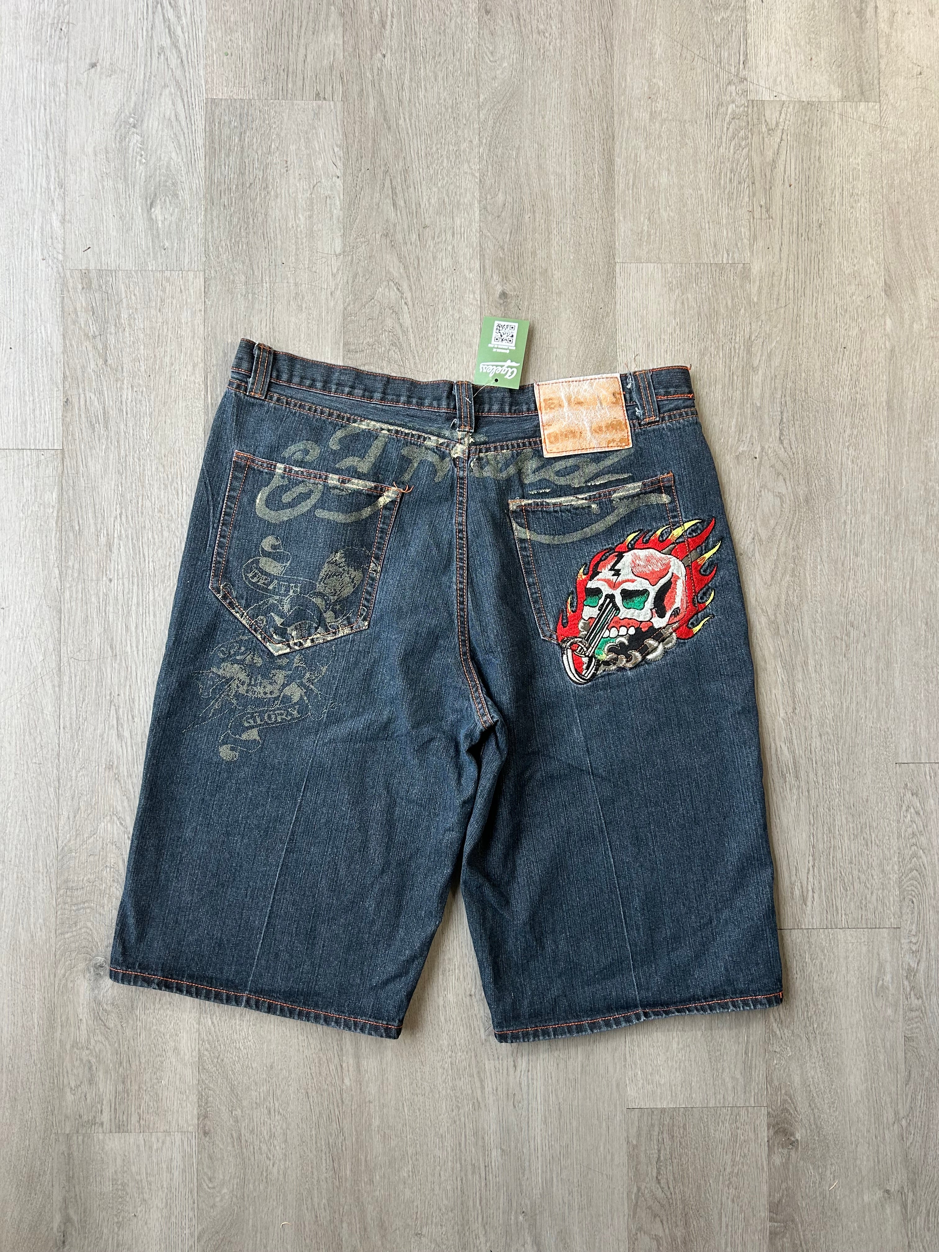 Y2K Ed Hardy Embroidered Flaming Skull Jorts