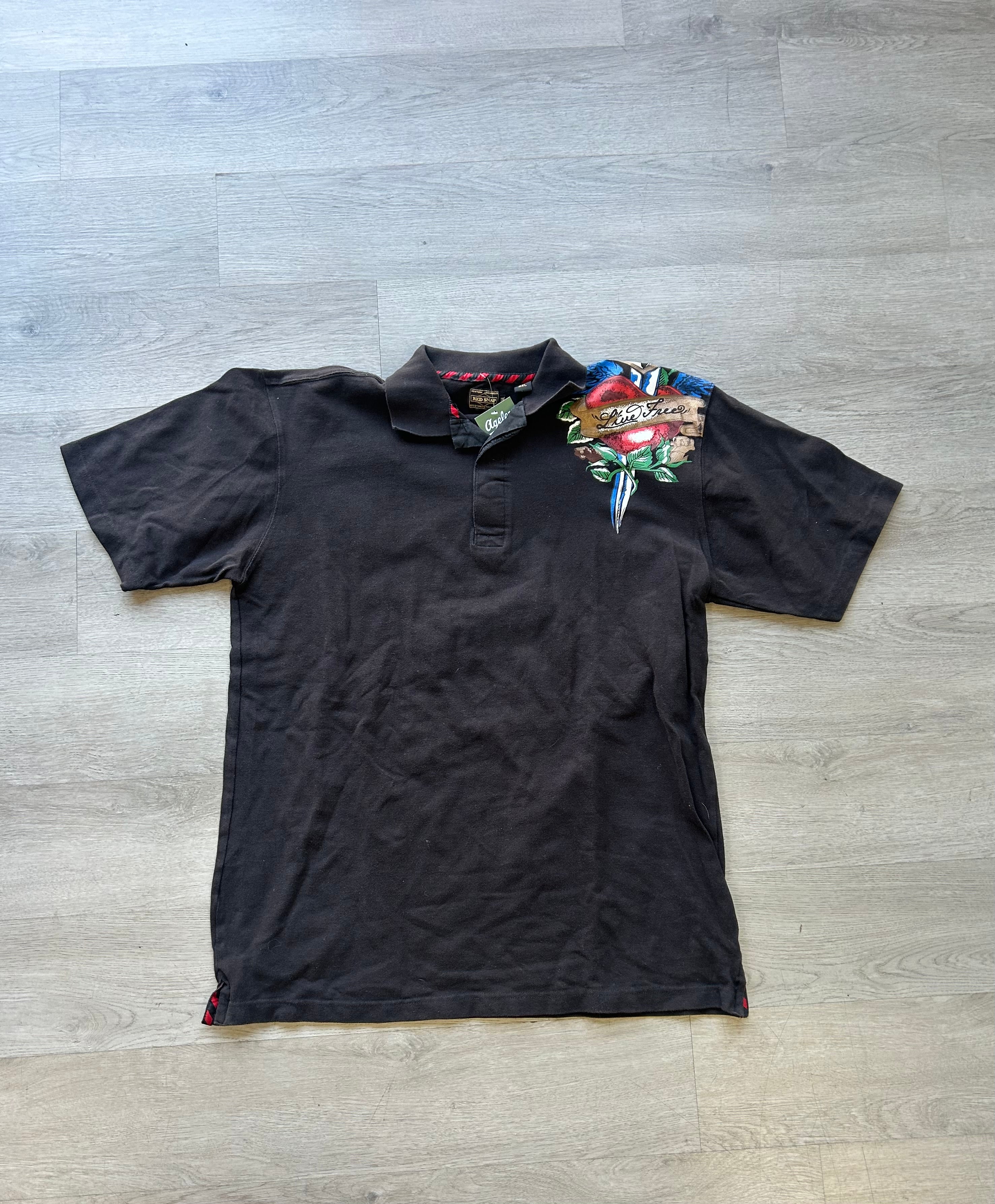 Black Y2K Live Free Red Snap Polo Shirt