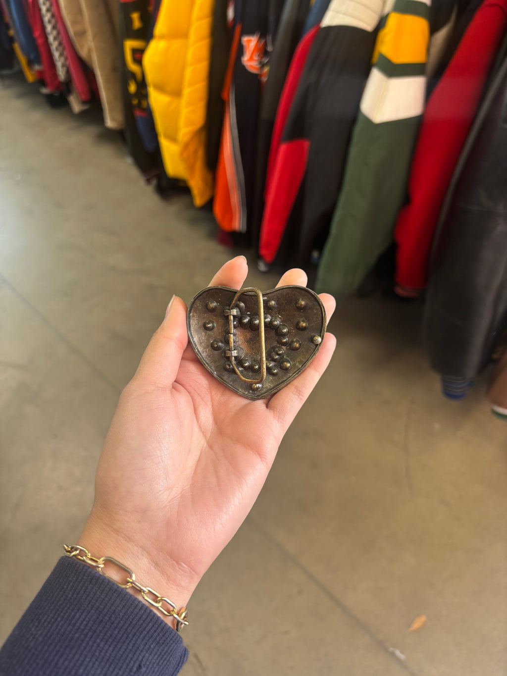Vintage Heart Shaped Bedazzled Brass Belt Buckle