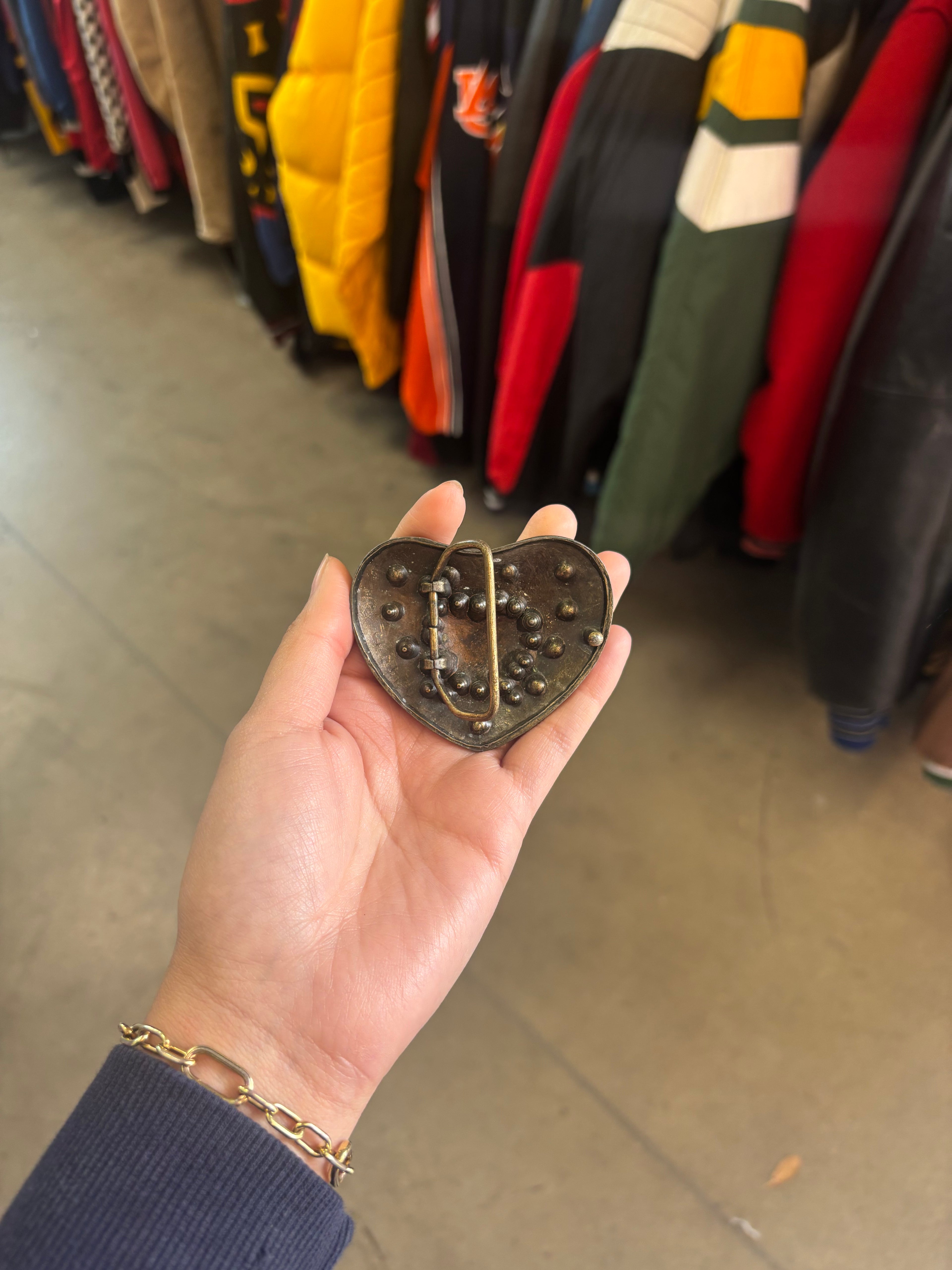 Vintage Heart Shaped Bedazzled Brass Belt Buckle