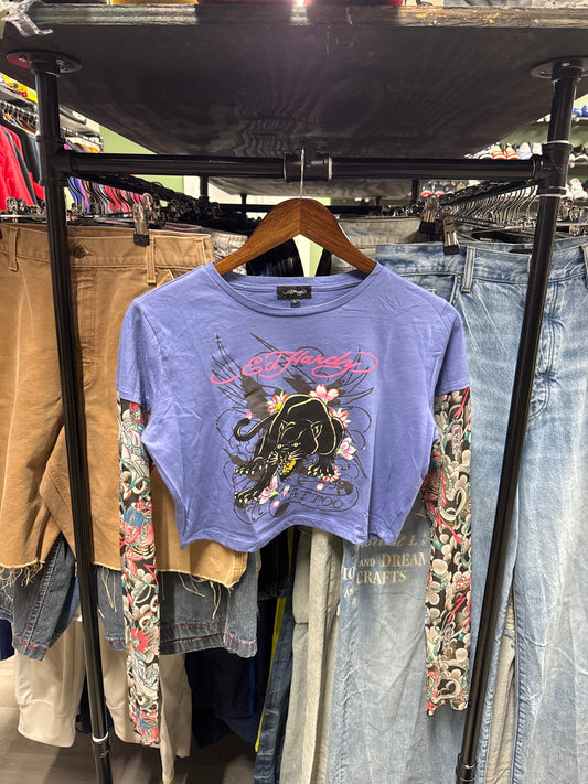 Ed Hardy Swallow 2fer Midnight Long Sleeve Crop Tee