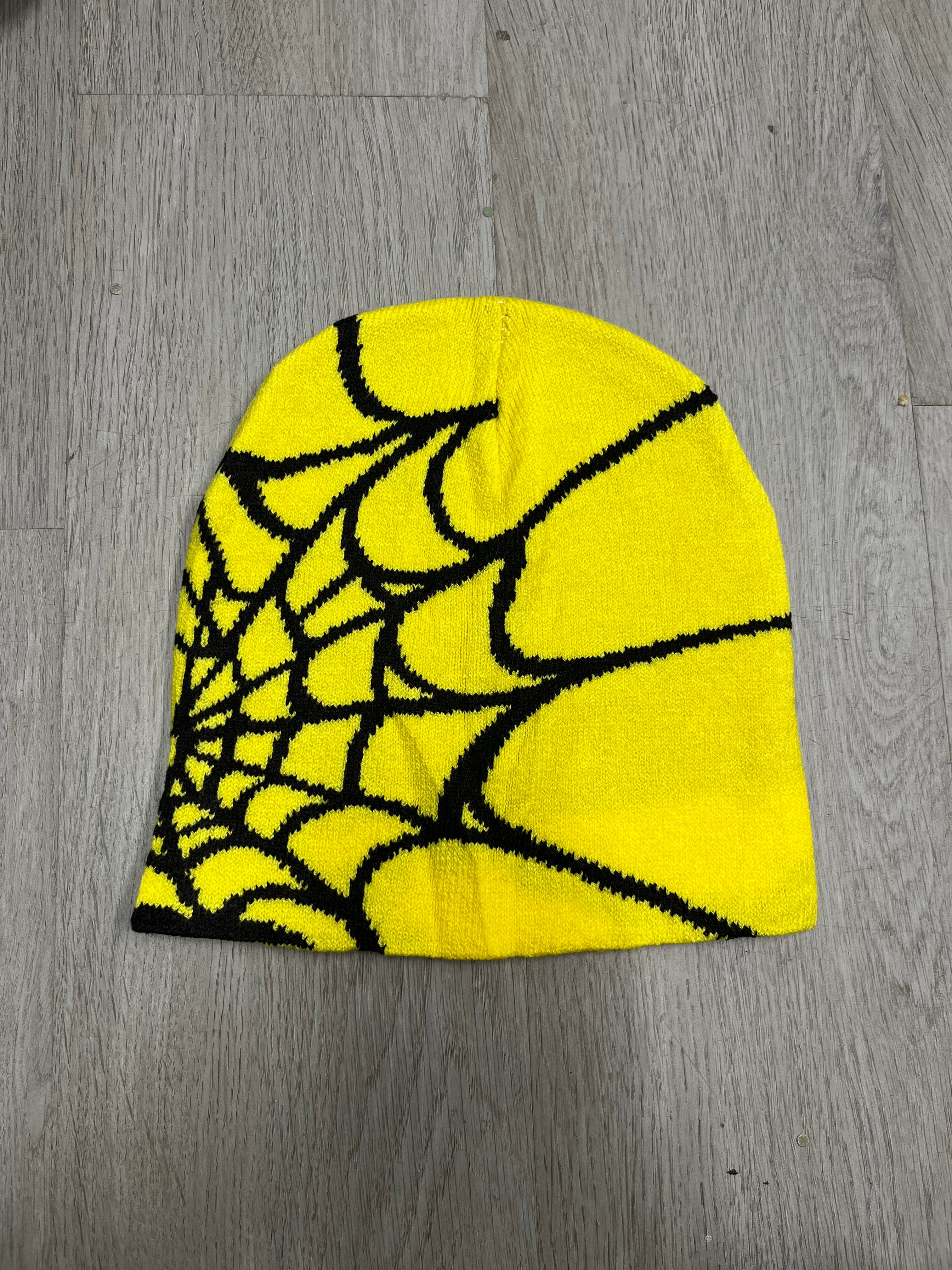 Yellow w/ Black Y2K Style Spider Web Beanie
