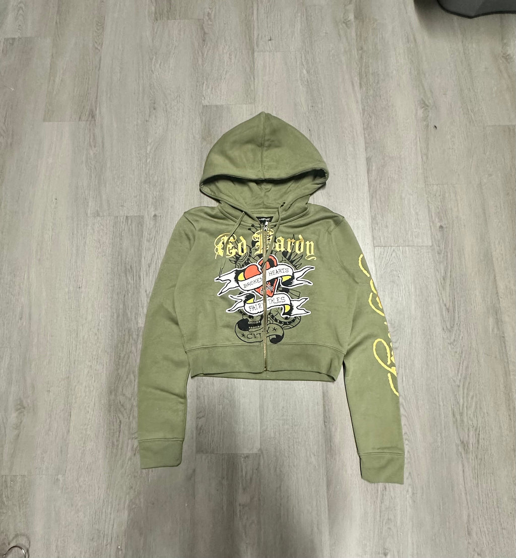 Women’s Ed Hardy Green Broken Hearts & Fairy Tales Cropped Zip Up Hoodie Jacket
