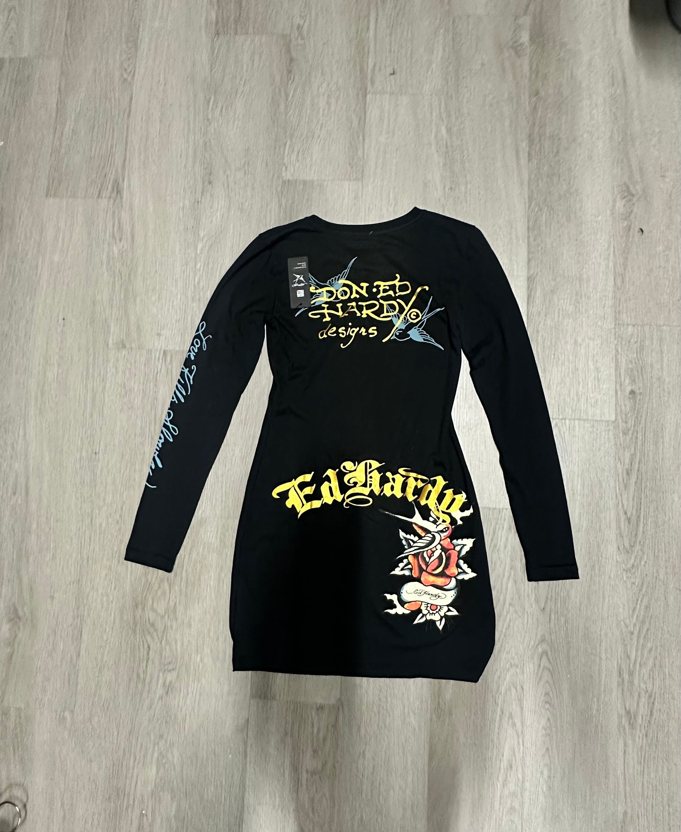 Women’s Ed Hardy Black Swallow Rose Long Sleeve Mini Dress