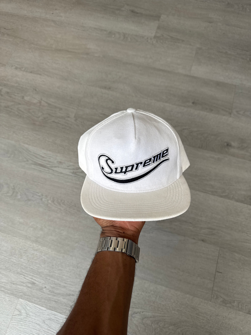 Supreme Metallic Logo Corduroy 5-Panel White Snapback Hat