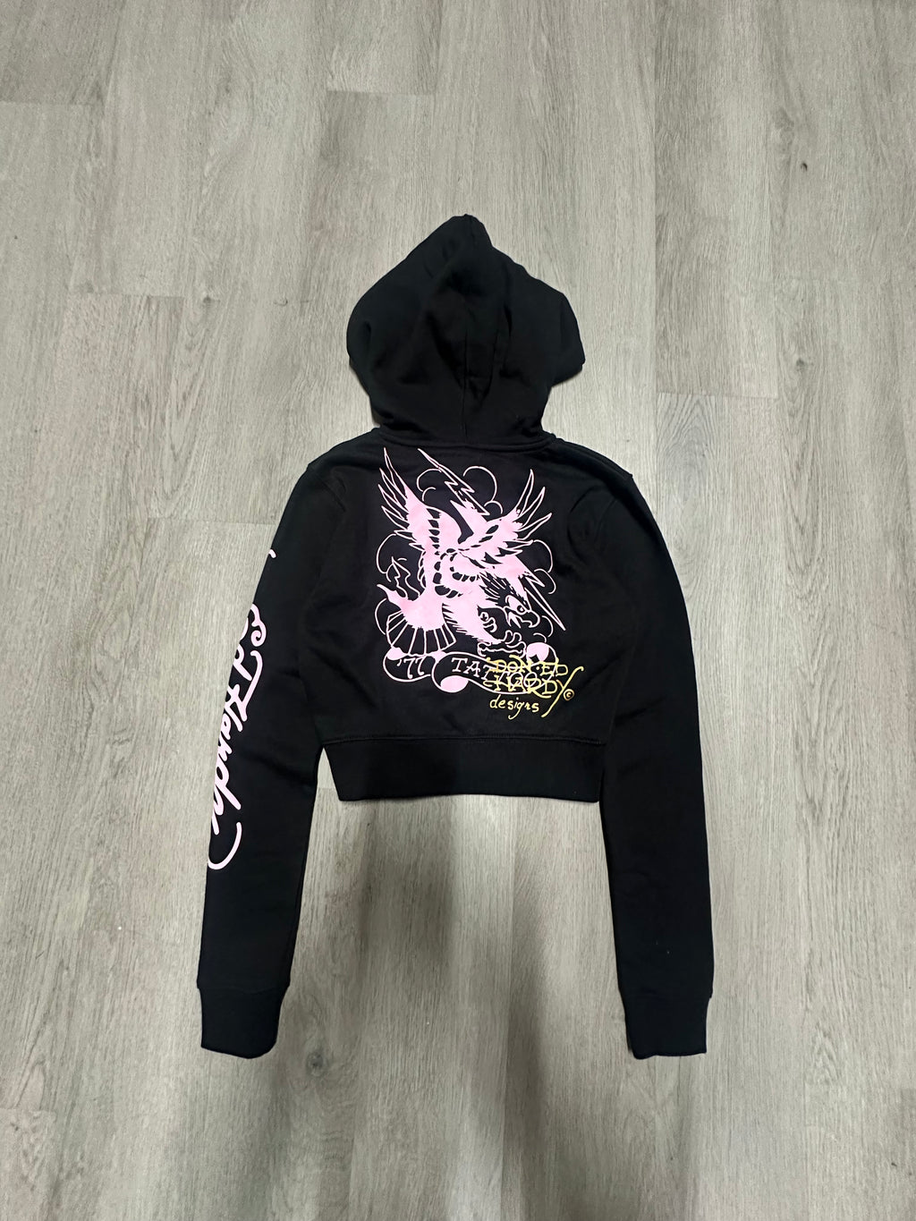 Women’s Ed Hardy Black Tiger Pink Back Cropped Zip Up Hoodie Jacket