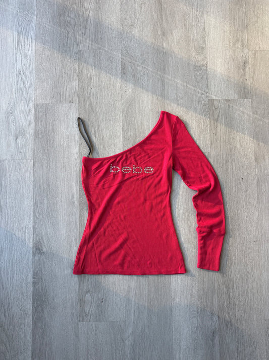 Y2K Women’s Bebe Bedazzled Off The Shoulder Red Logo Longsleeve Tee