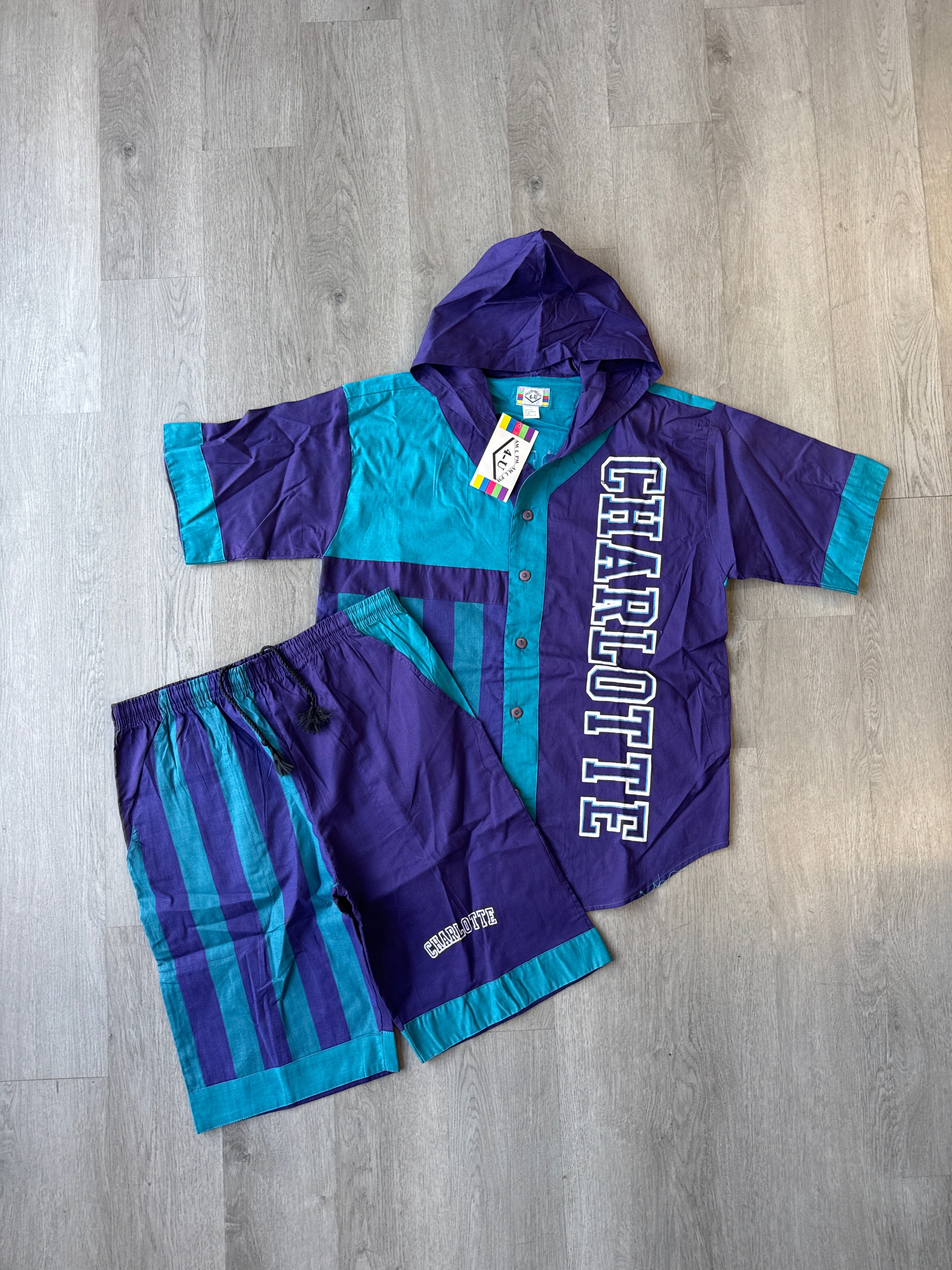 Vintage 90s Charlotte Hornets Hooded Tee Shorts Set
