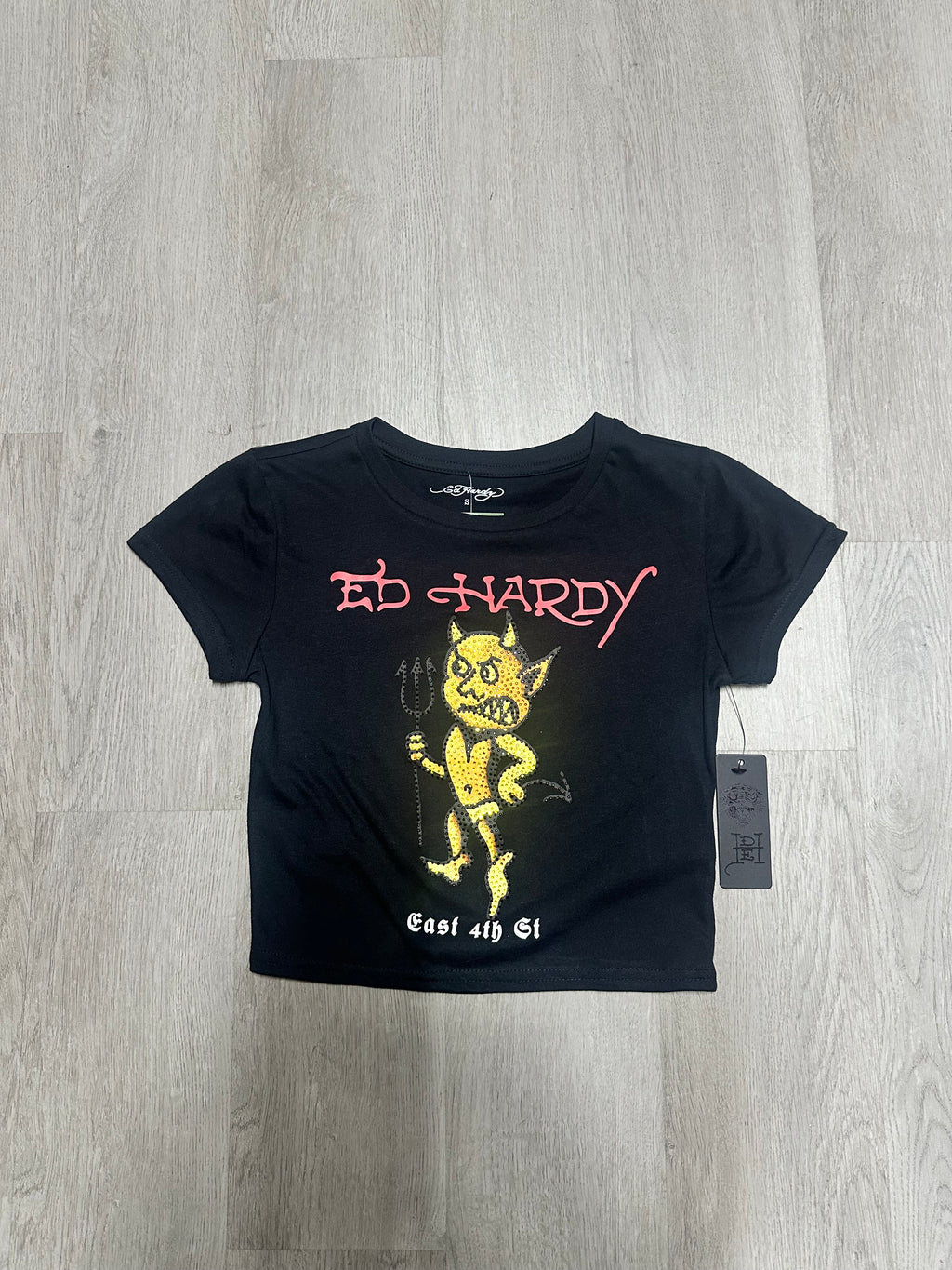 Women’s Ed Hardy Black Devil Rhinestone Cropped Baby Tee