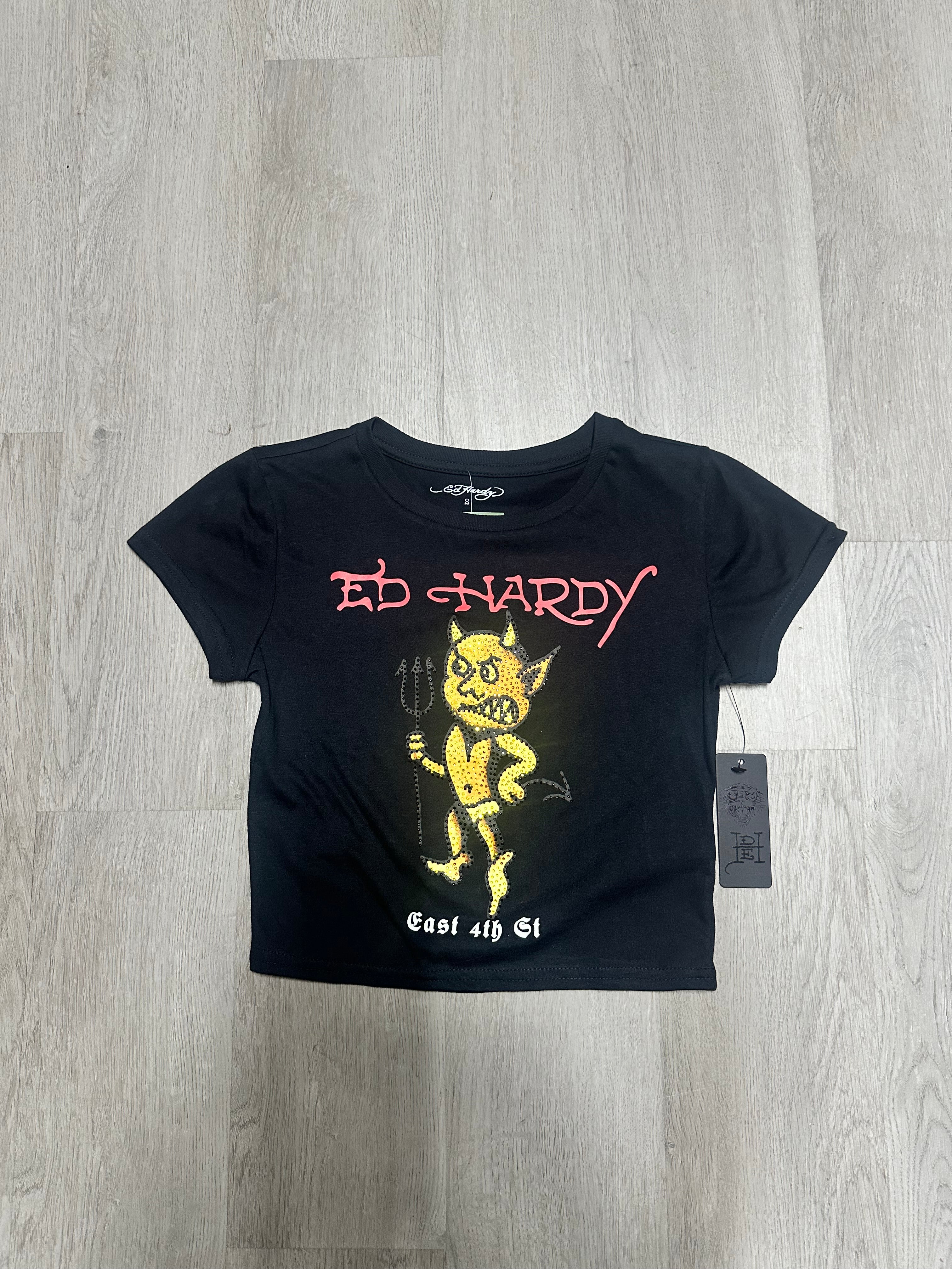 Women’s Ed Hardy Black Devil Rhinestone Cropped Baby Tee