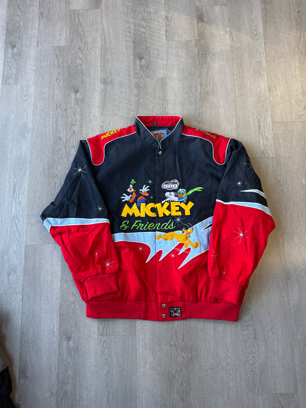 Vintage 2006 JH Design Jeff Hamilton Nascar Daytona 500 Mickey Mouse & Friends Varsity Jacket