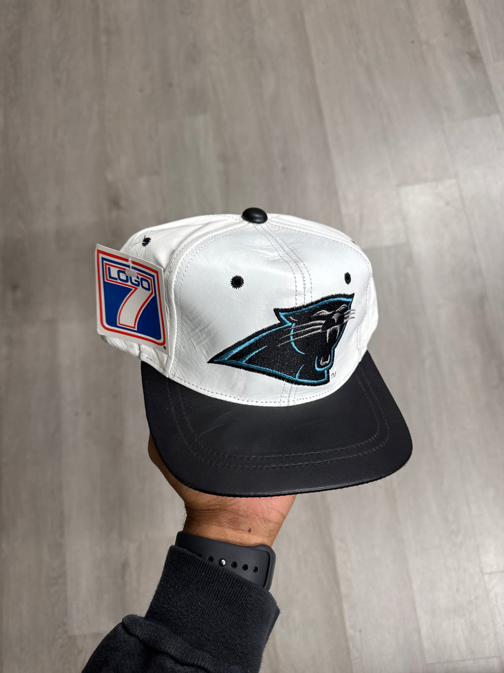 Vintage Logo 7 Carolina Panthers Leather Strap Back Hat
