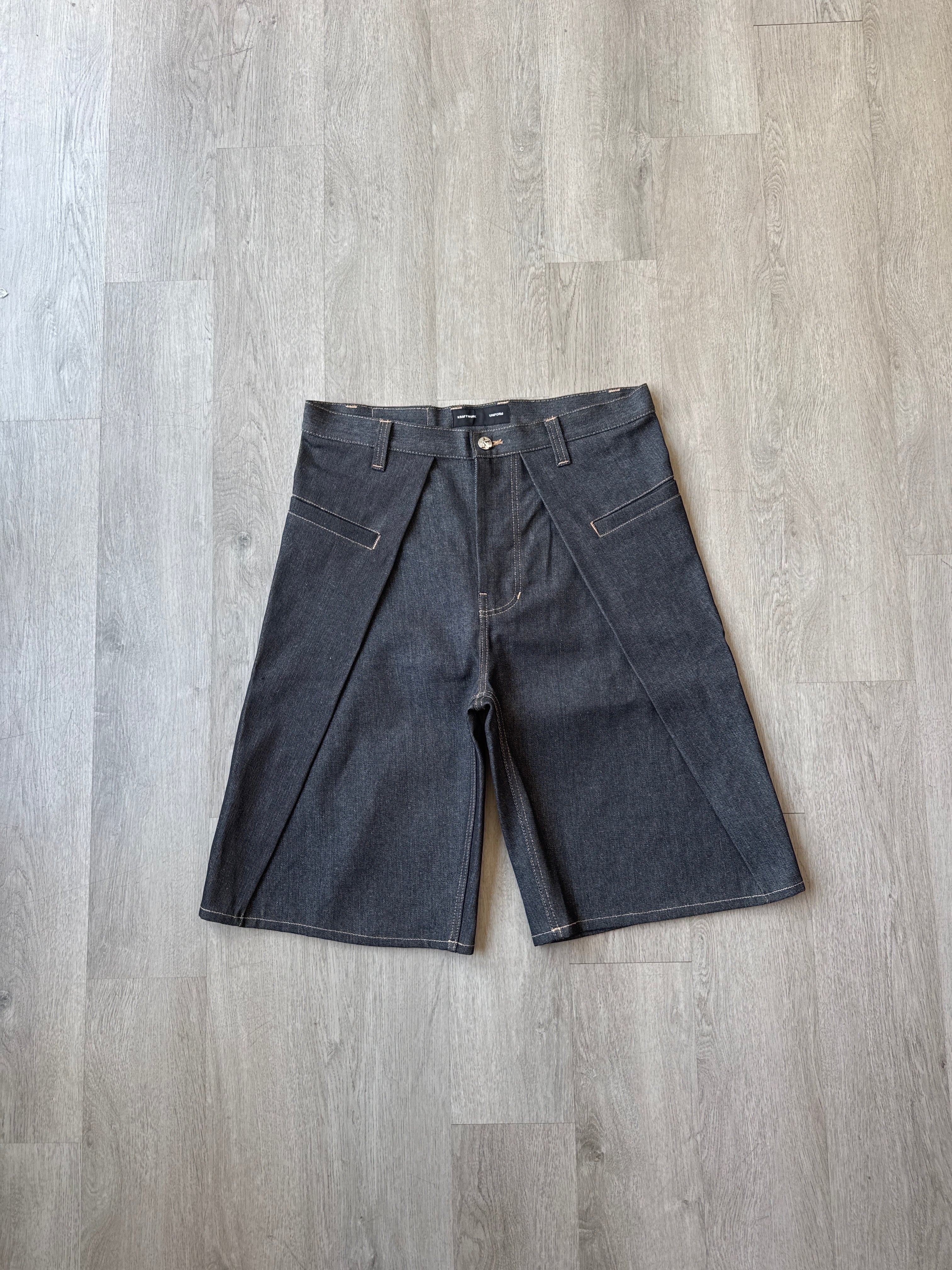 Kraftwork Uniform Raw Indigo Denim Cross Hatch Slub Baggy Shorts