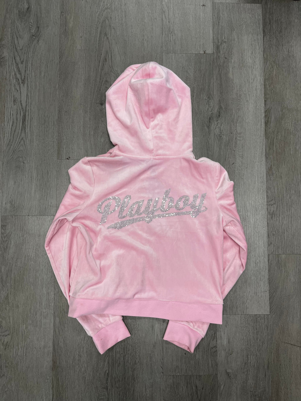 Women’s Playboy Pink Velvet Bedazzled Cropped Zip Up Jacket