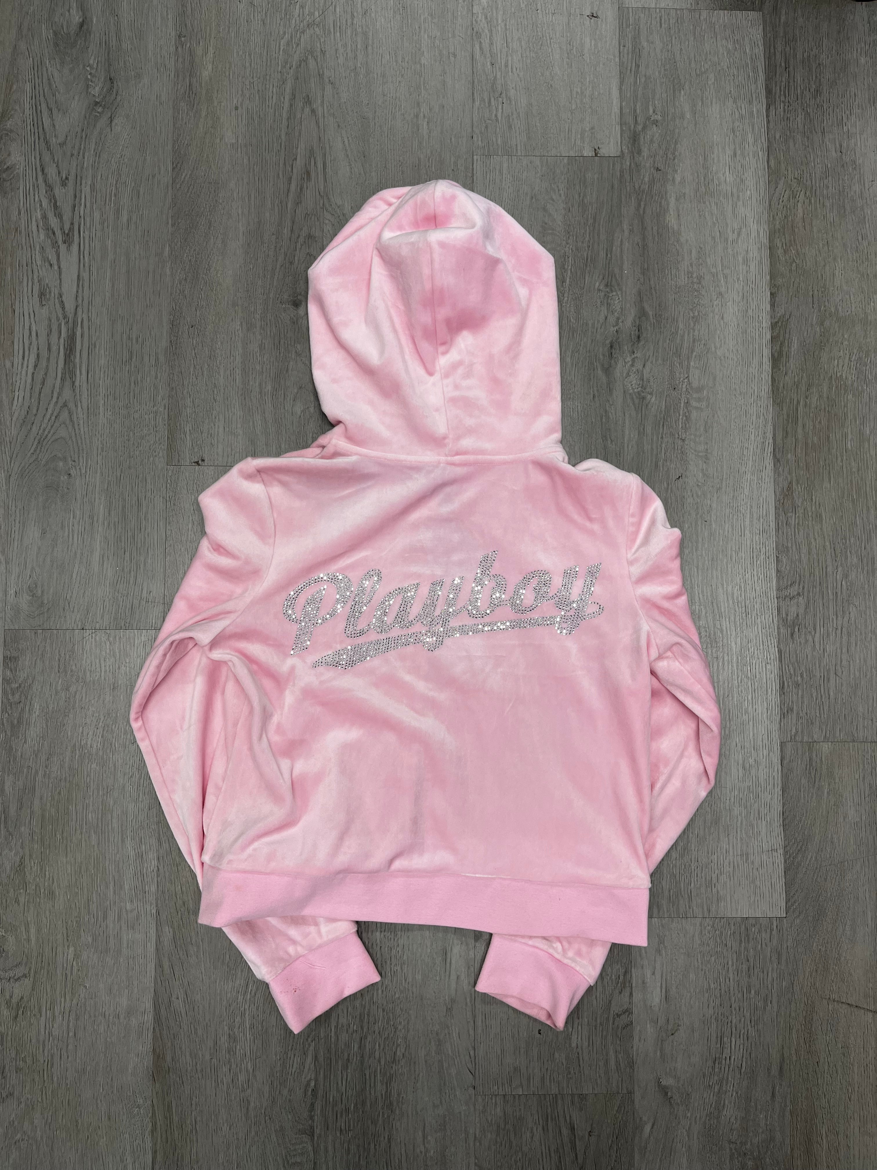 Women’s Playboy Pink Velvet Bedazzled Cropped Zip Up Jacket