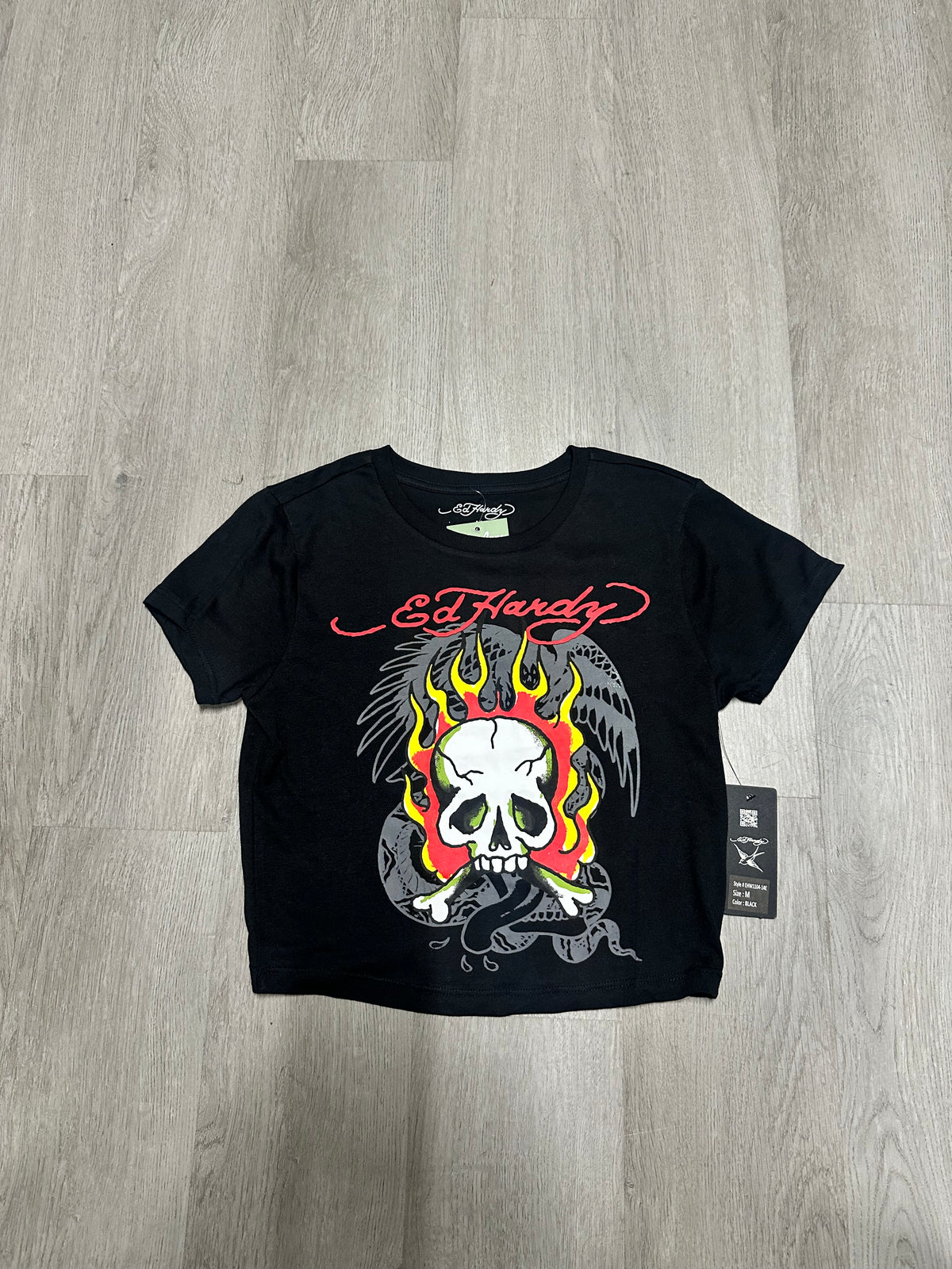 Women’s Ed Hardy Black Flaming Skull Cropped Baby Tee