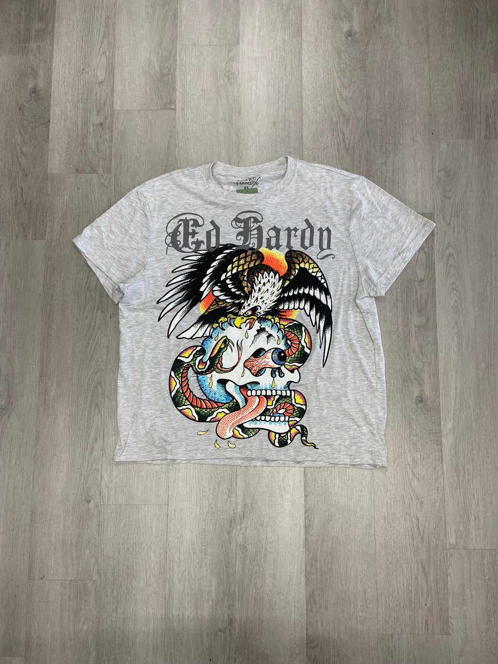 Grey Ed Hardy Rhinestone Battle Skull Eagle Tee
