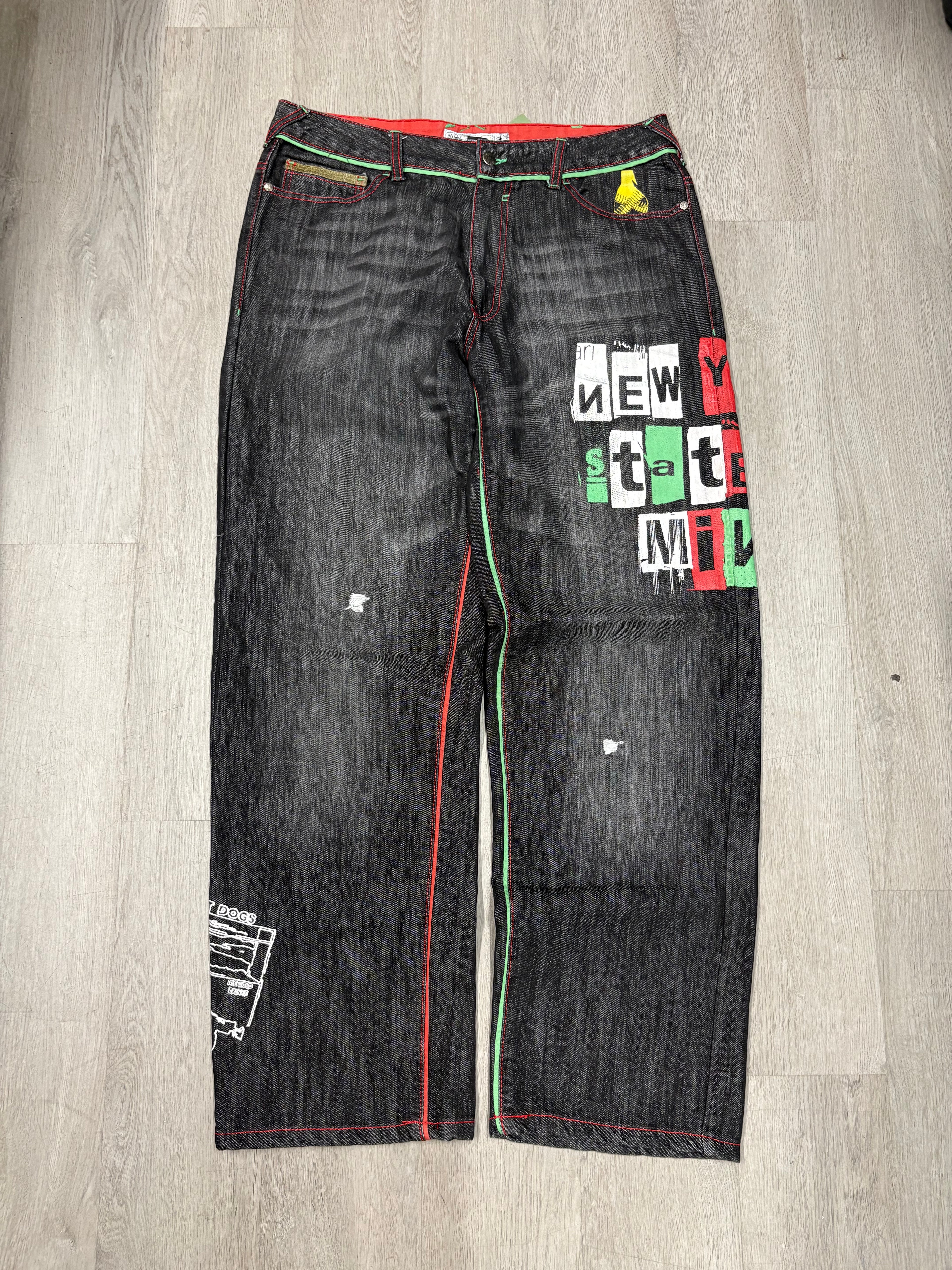 Y2K New York State Of Mind Wide Leg Faded Black Denim Jeans