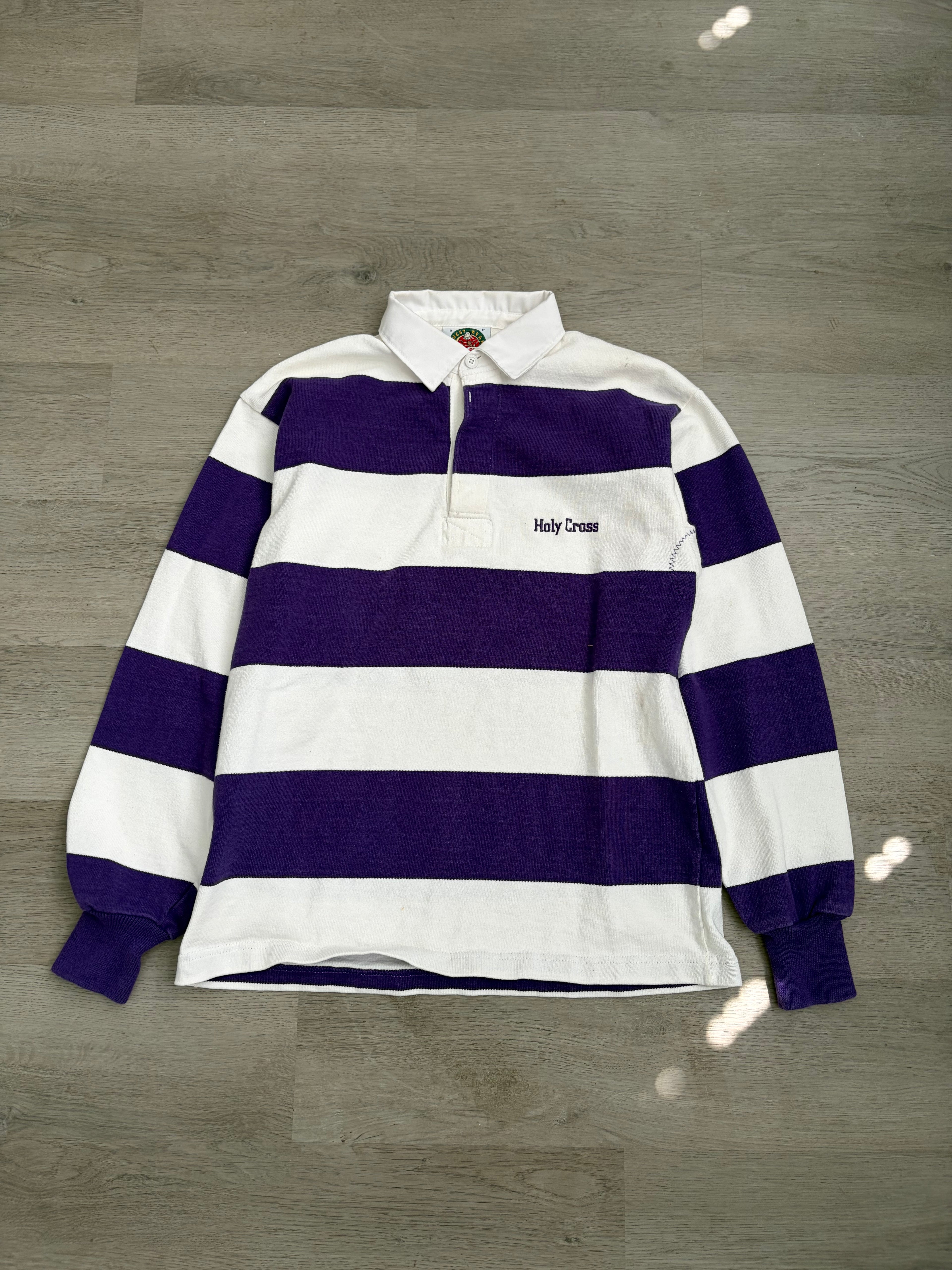 Vintage Purple Striped Holy Cross Long Sleeve Polo