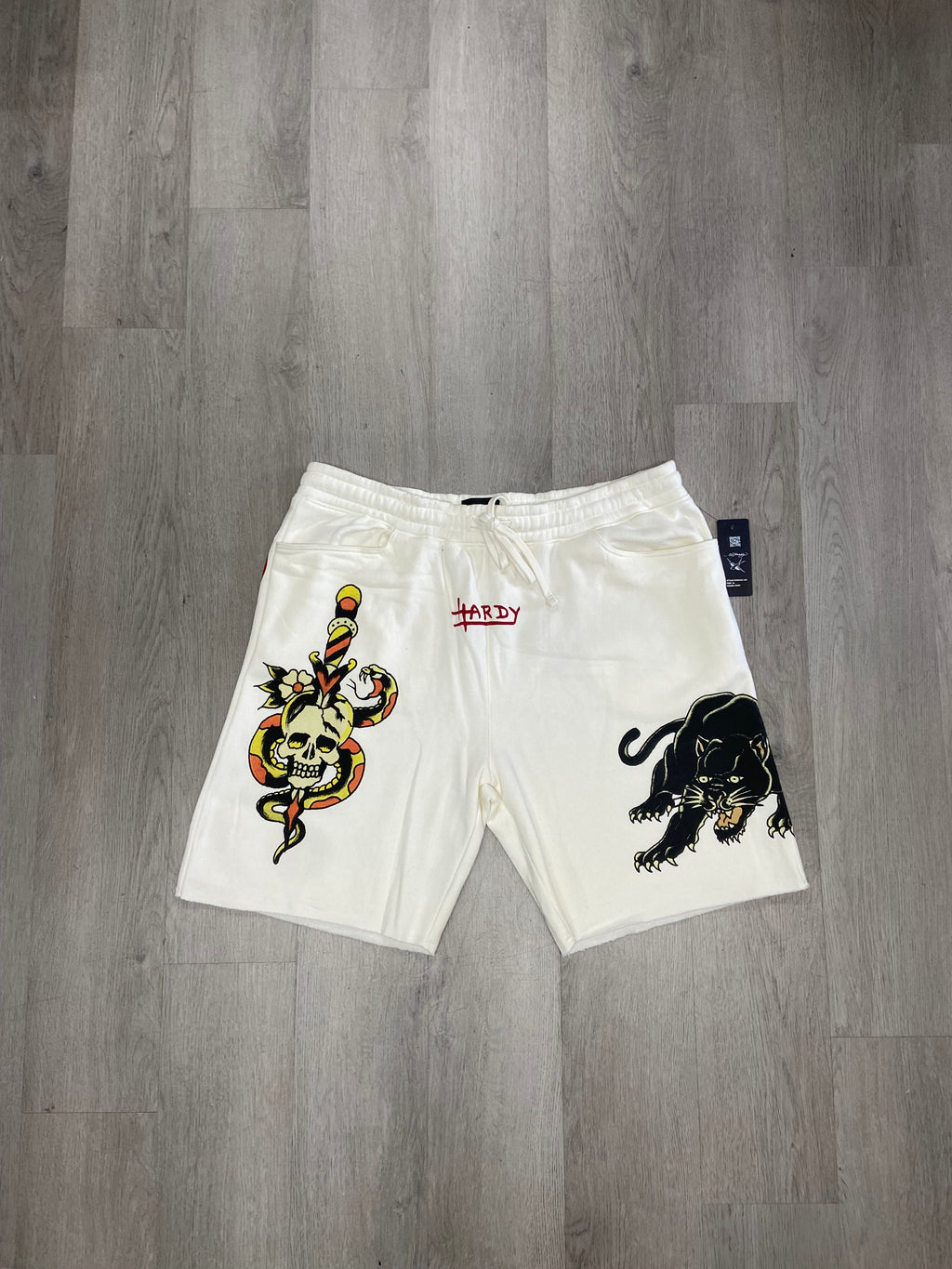 Ed Hardy Tattoo Skull Snake Panther Ivory Fleece Cut Sweat Shorts