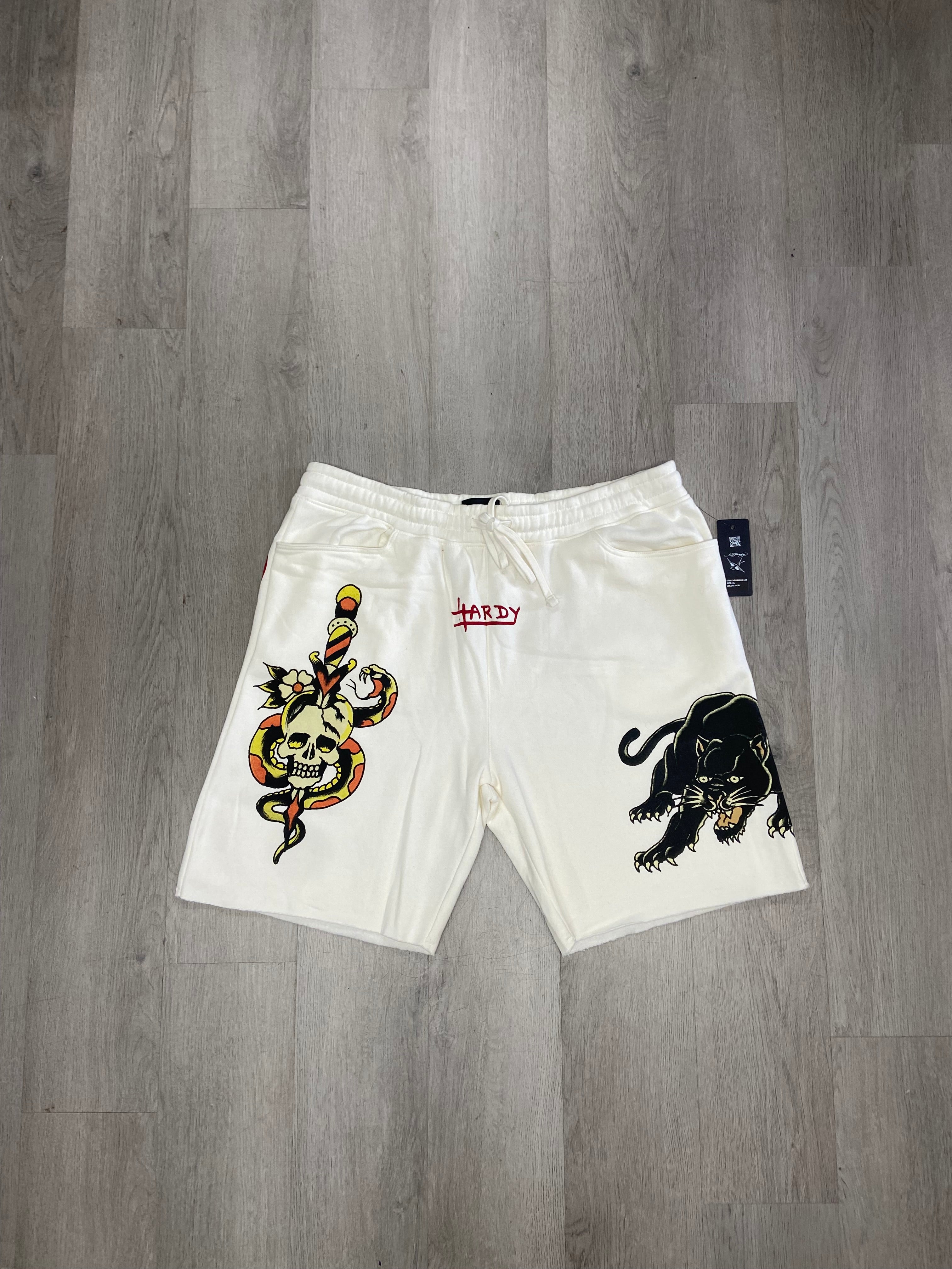 Ed Hardy Tattoo Skull Snake Panther Ivory Fleece Cut Sweat Shorts