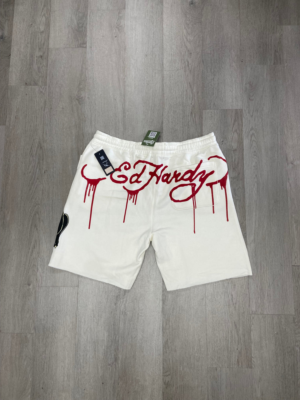 Ed Hardy Tattoo Skull Snake Panther Ivory Fleece Cut Sweat Shorts