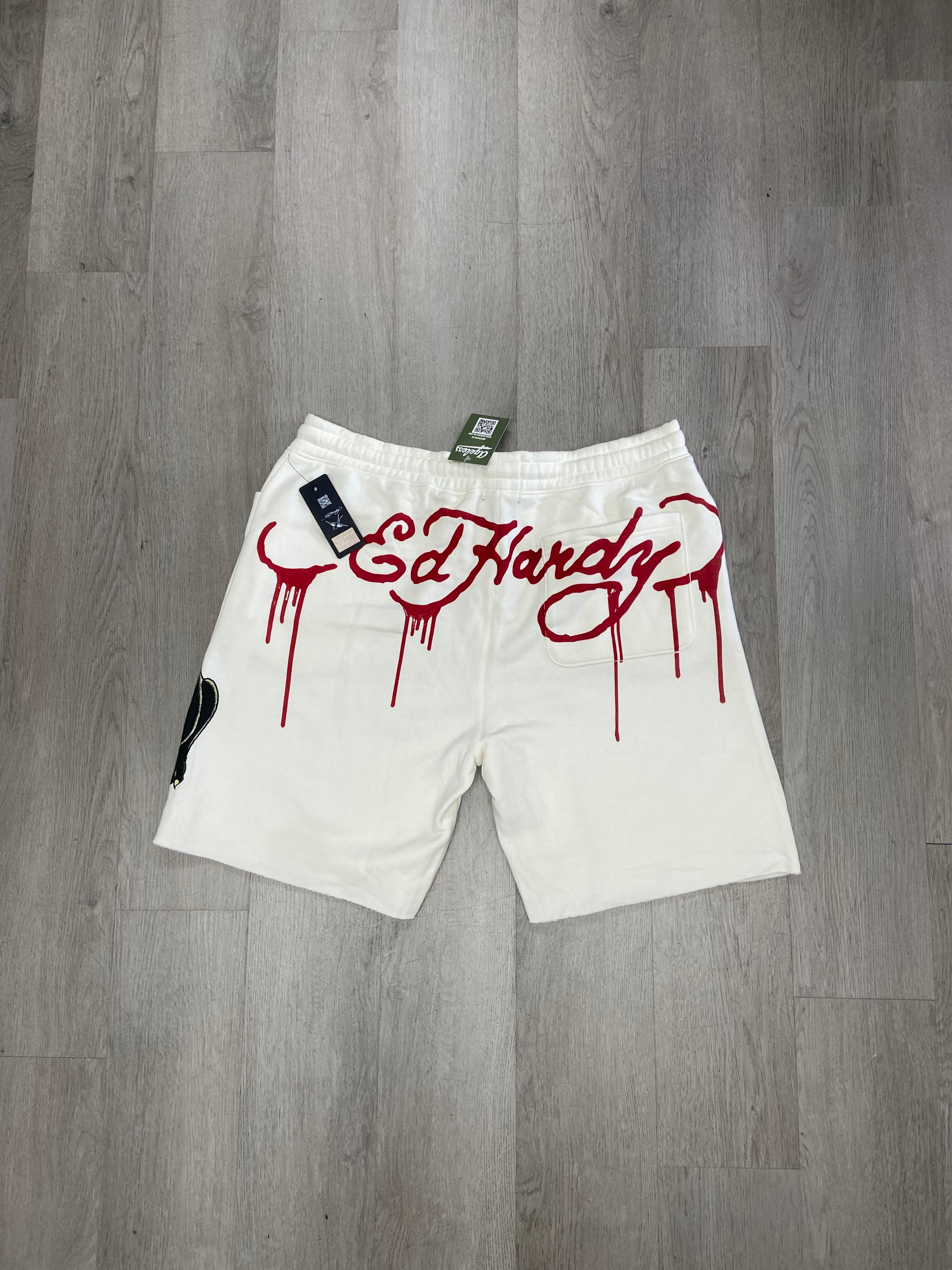 Ed Hardy Tattoo Skull Snake Panther Ivory Fleece Cut Sweat Shorts