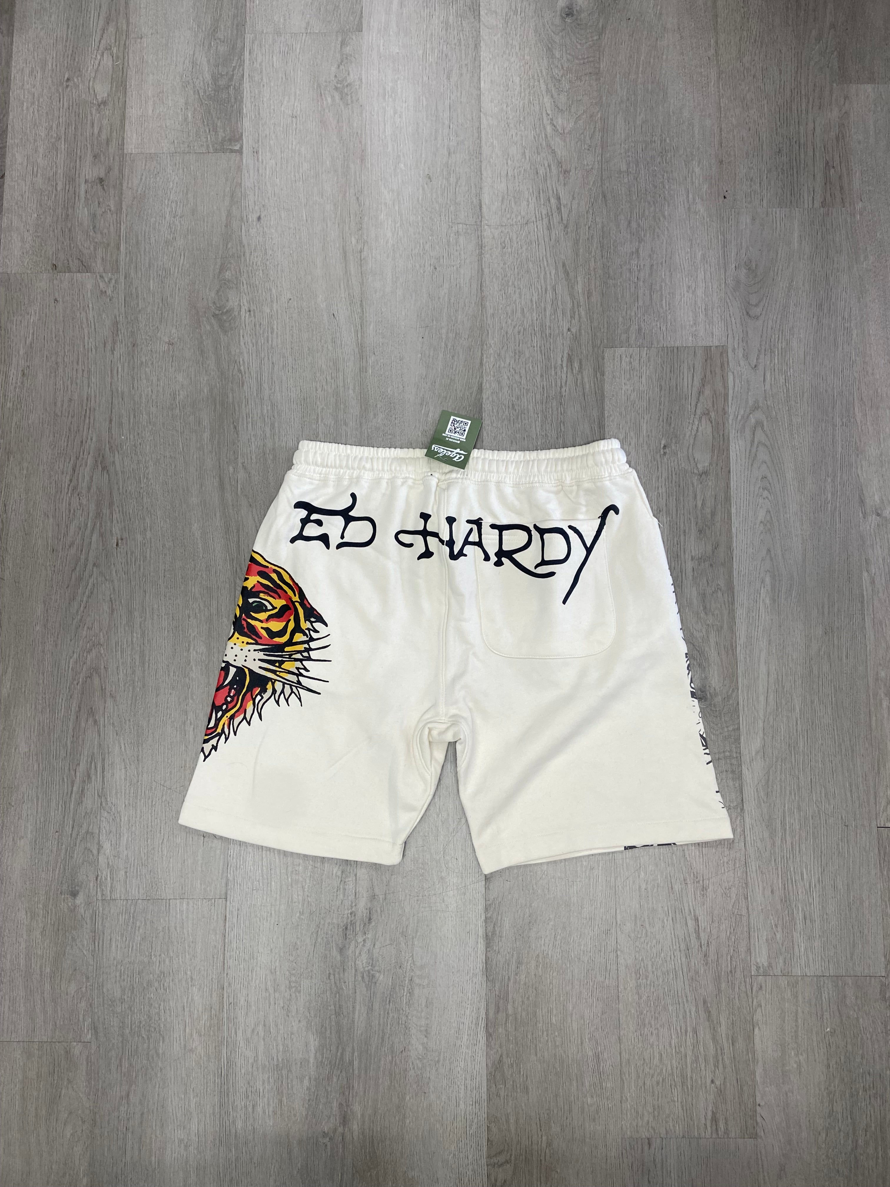 Ed Hardy Screaming Tiger Tattoo Print Ivory Fleece Sweat Shorts