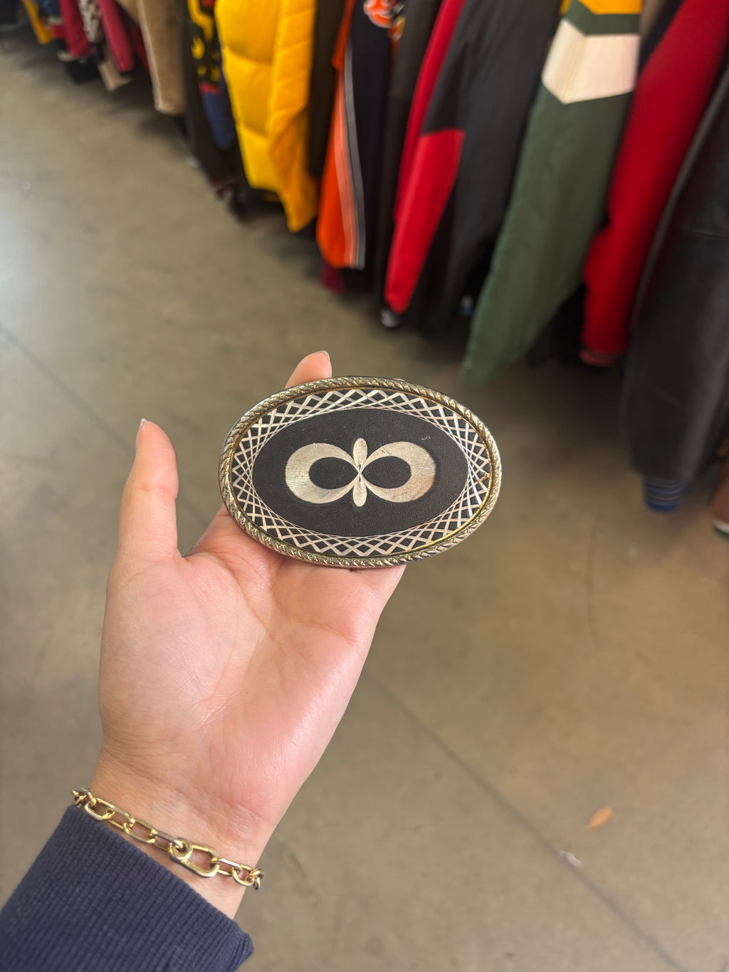 Vintage 70s Oval Black Enamel Infinity Belt Buckle
