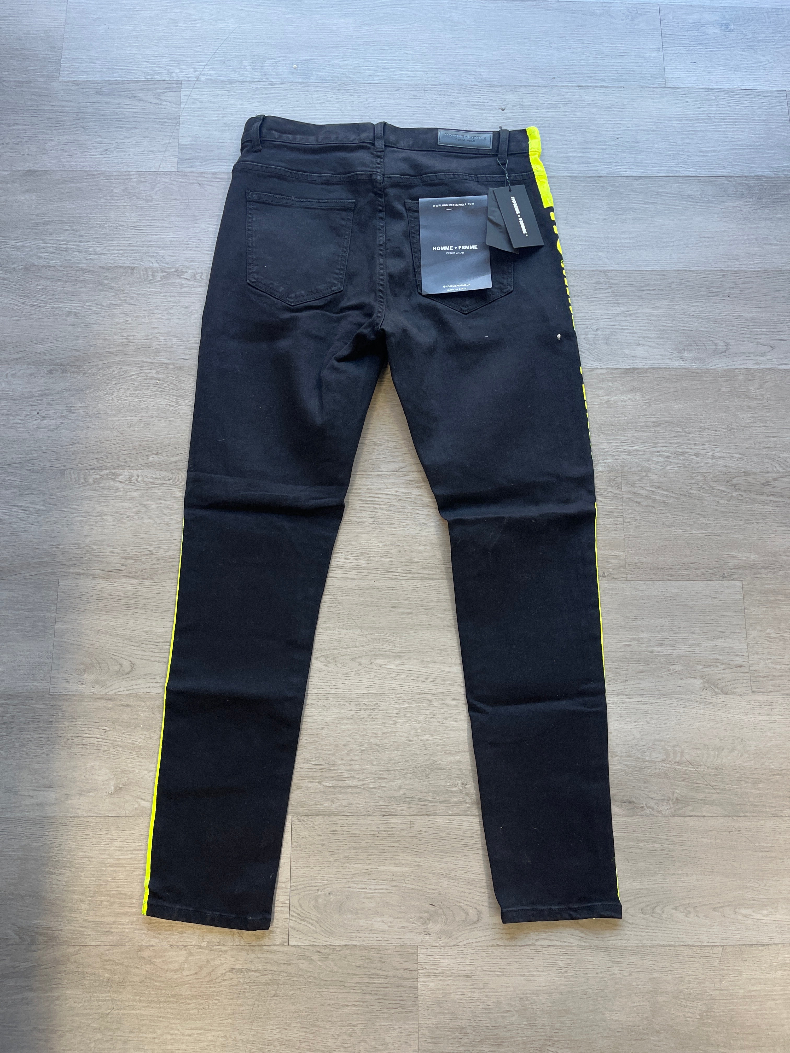 Homme + Femme Black Distressed Jeans Yellow Stripe