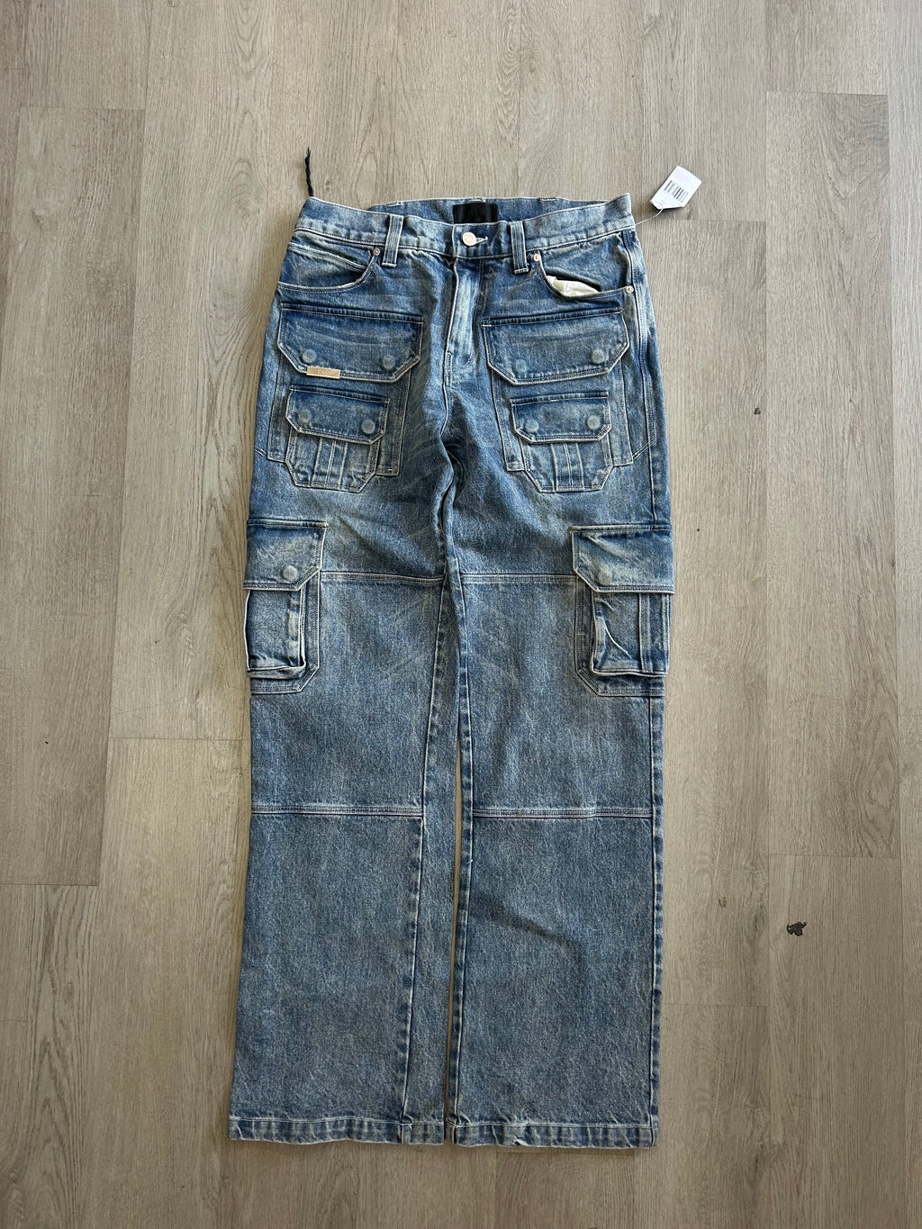 R+A High-Rise Distressed Blue Wash Cargo Jeans