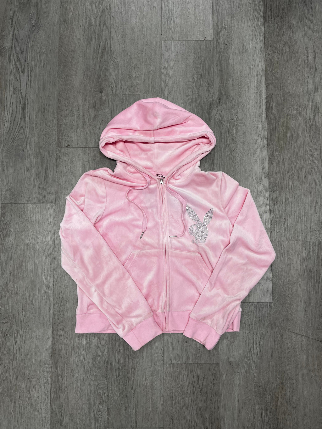 Women’s Playboy Pink Velvet Bedazzled Cropped Zip Up Jacket