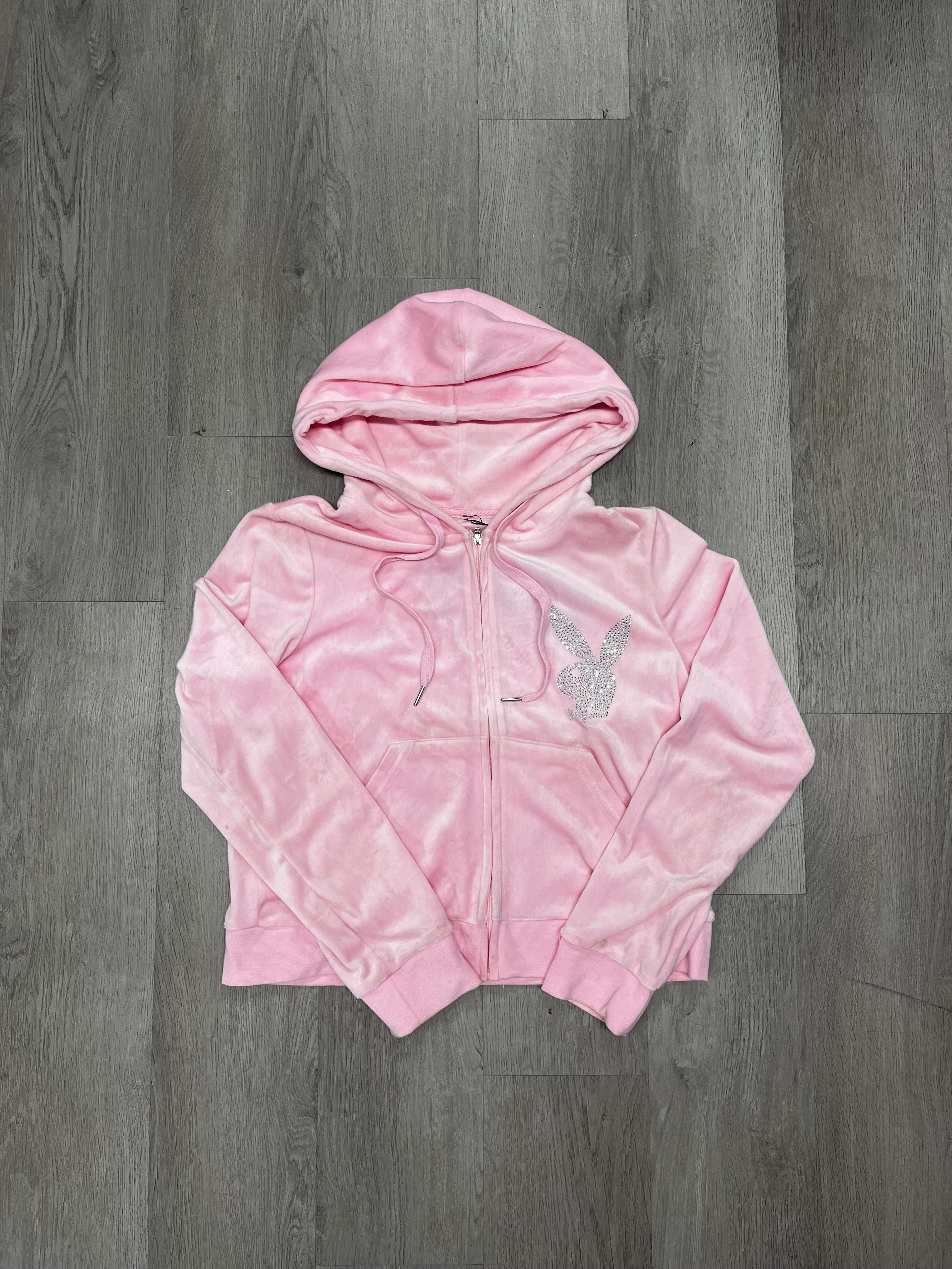 Women’s Playboy Pink Velvet Bedazzled Cropped Zip Up Jacket