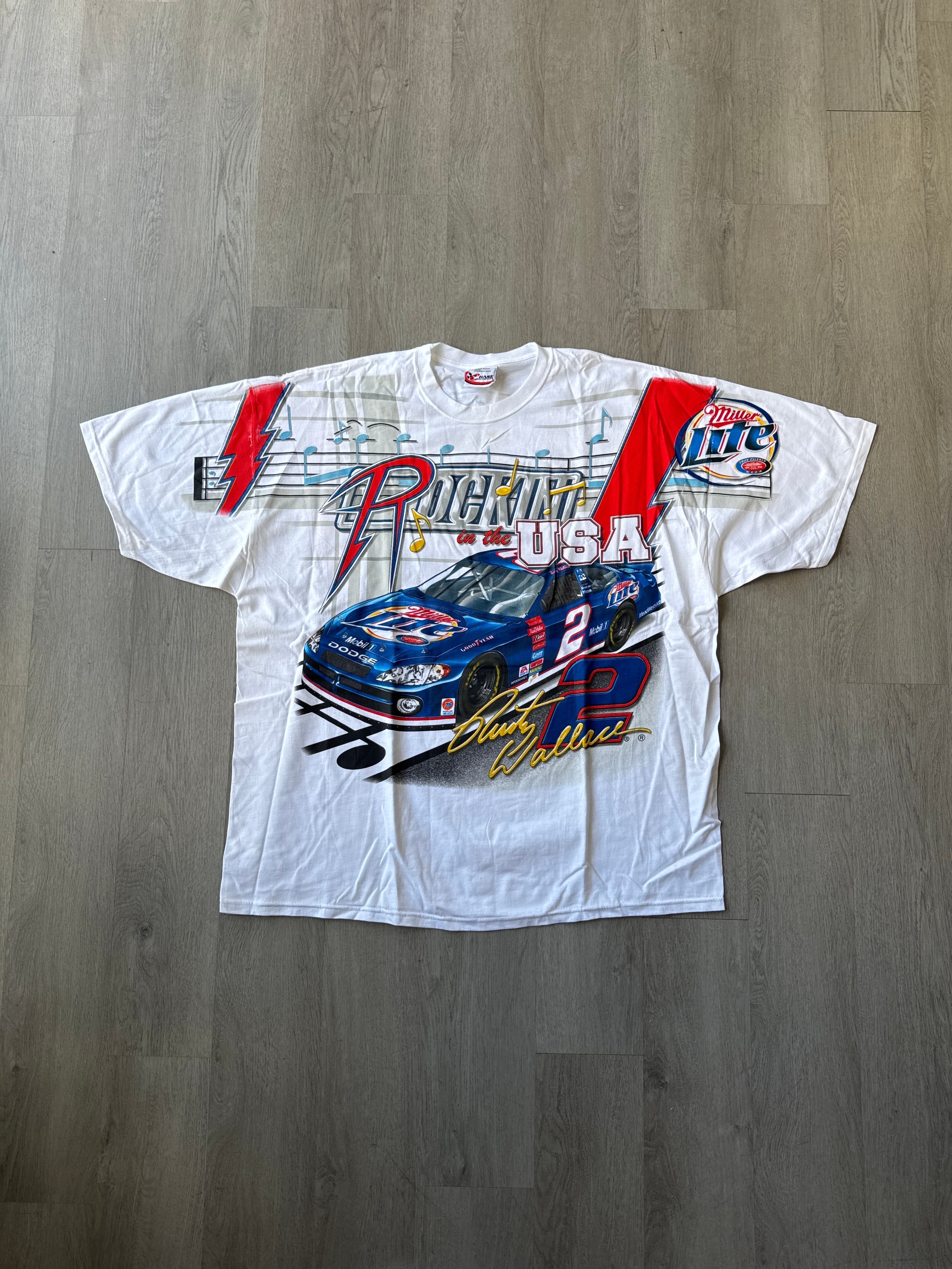 Vintage 90s Chase Authentic’s Rusty Wallace Rockin In The USA All Over Print Tee