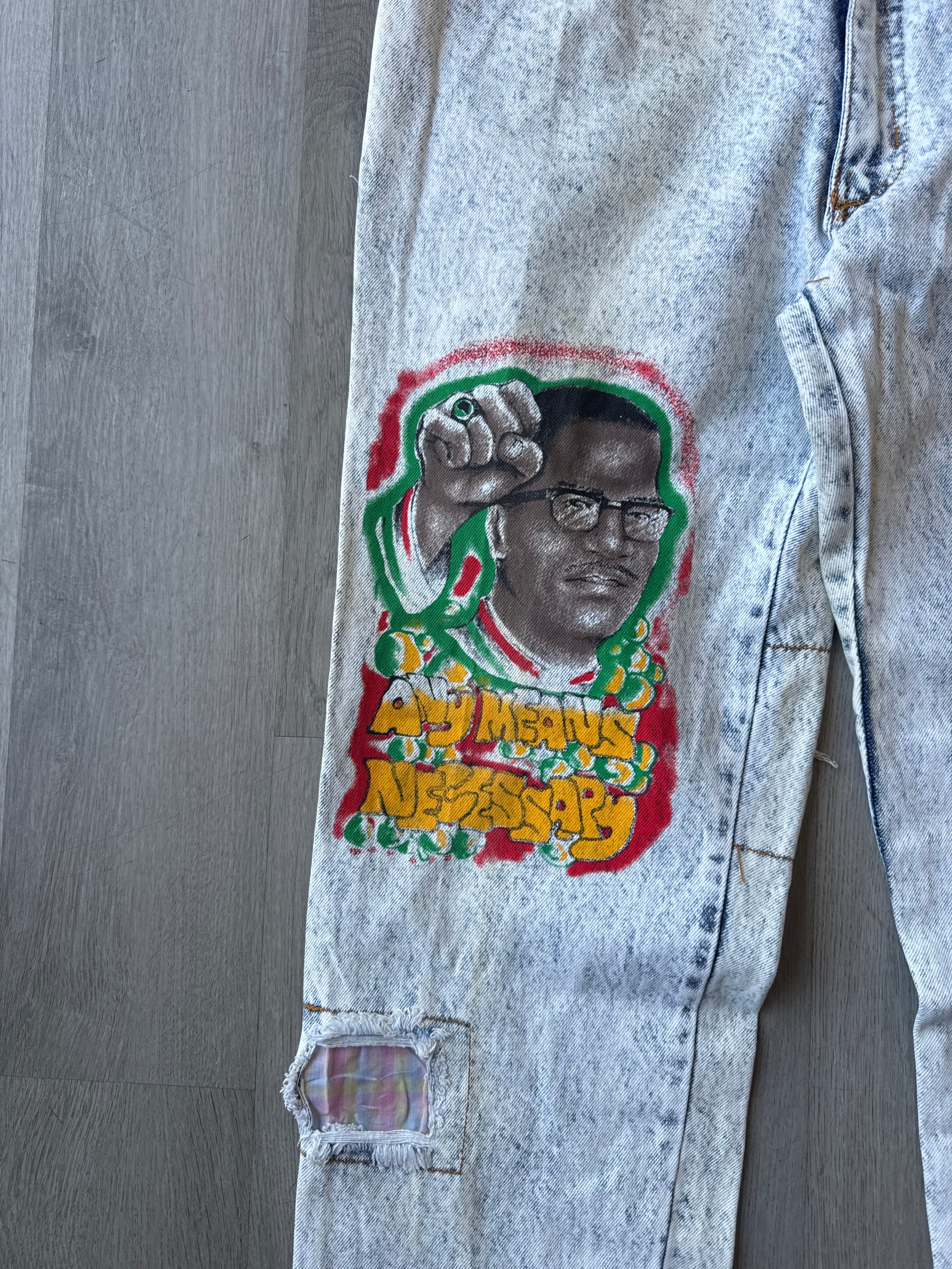 Vintage 90s B-29 Bomber Malcolm X By Any Means Necessary Light Washed Denim Patched Jeans