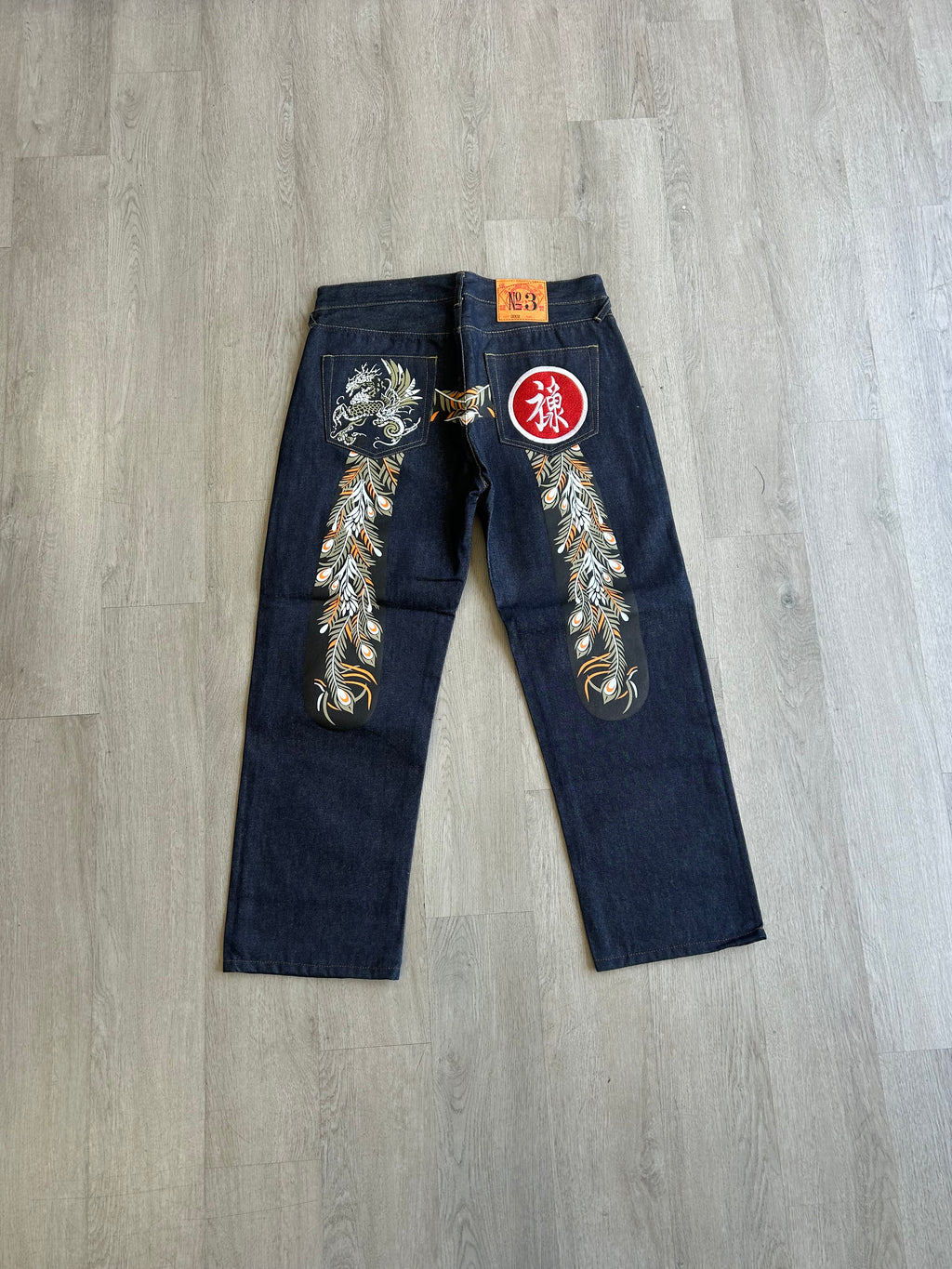 Evisu Embroidered Orange Dragon Feather Jeans