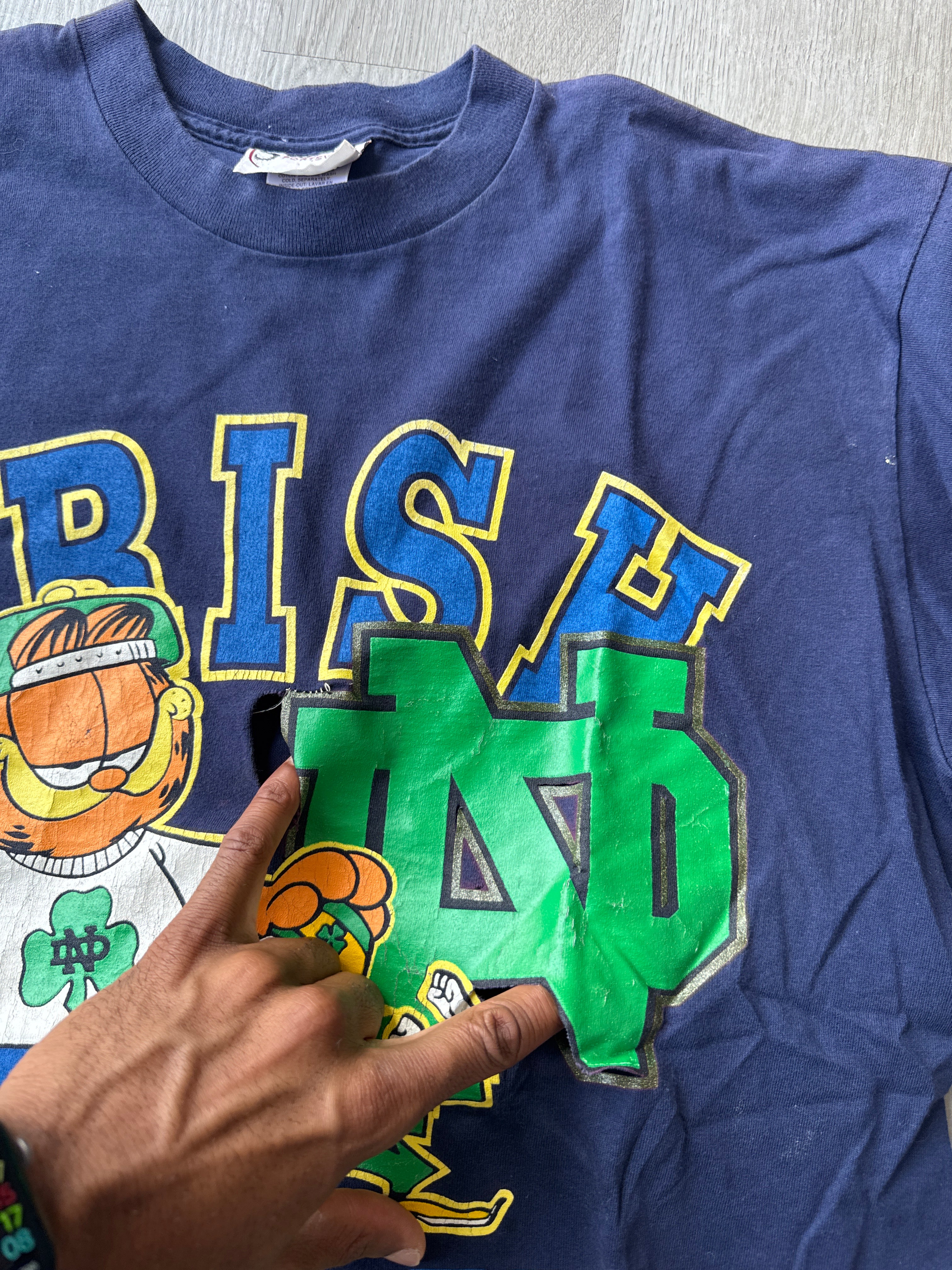 Vintage 90s Notre Dame Irish Garfield Distressed Tee
