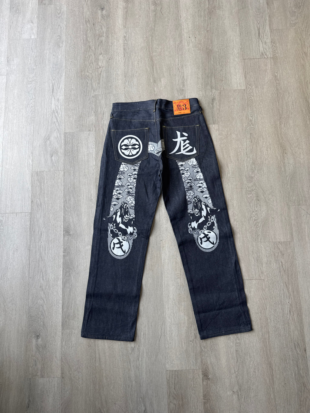 Evisu Embroidered Japanese Grey Dog Art Salvage Denim Jeans