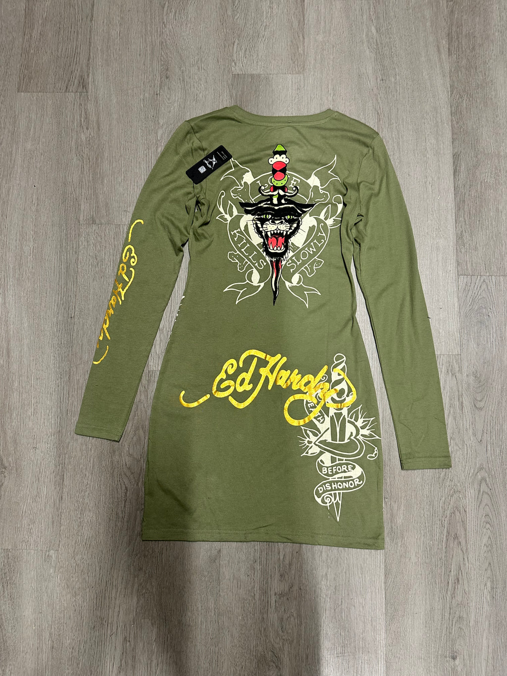 Women’s Ed Hardy Green Dagger Heart Long Sleeve Mini Dress