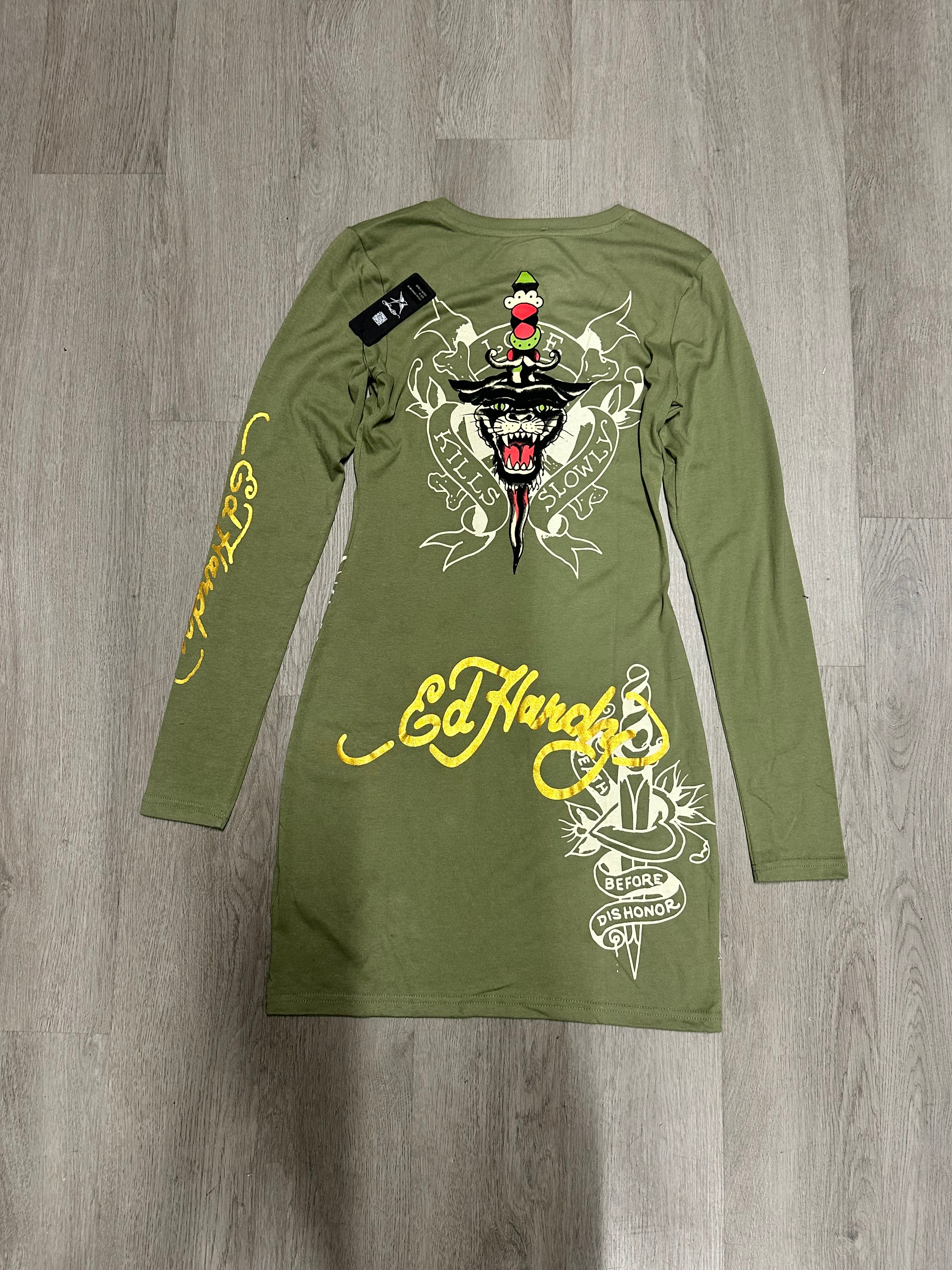 Women’s Ed Hardy Green Dagger Heart Long Sleeve Mini Dress