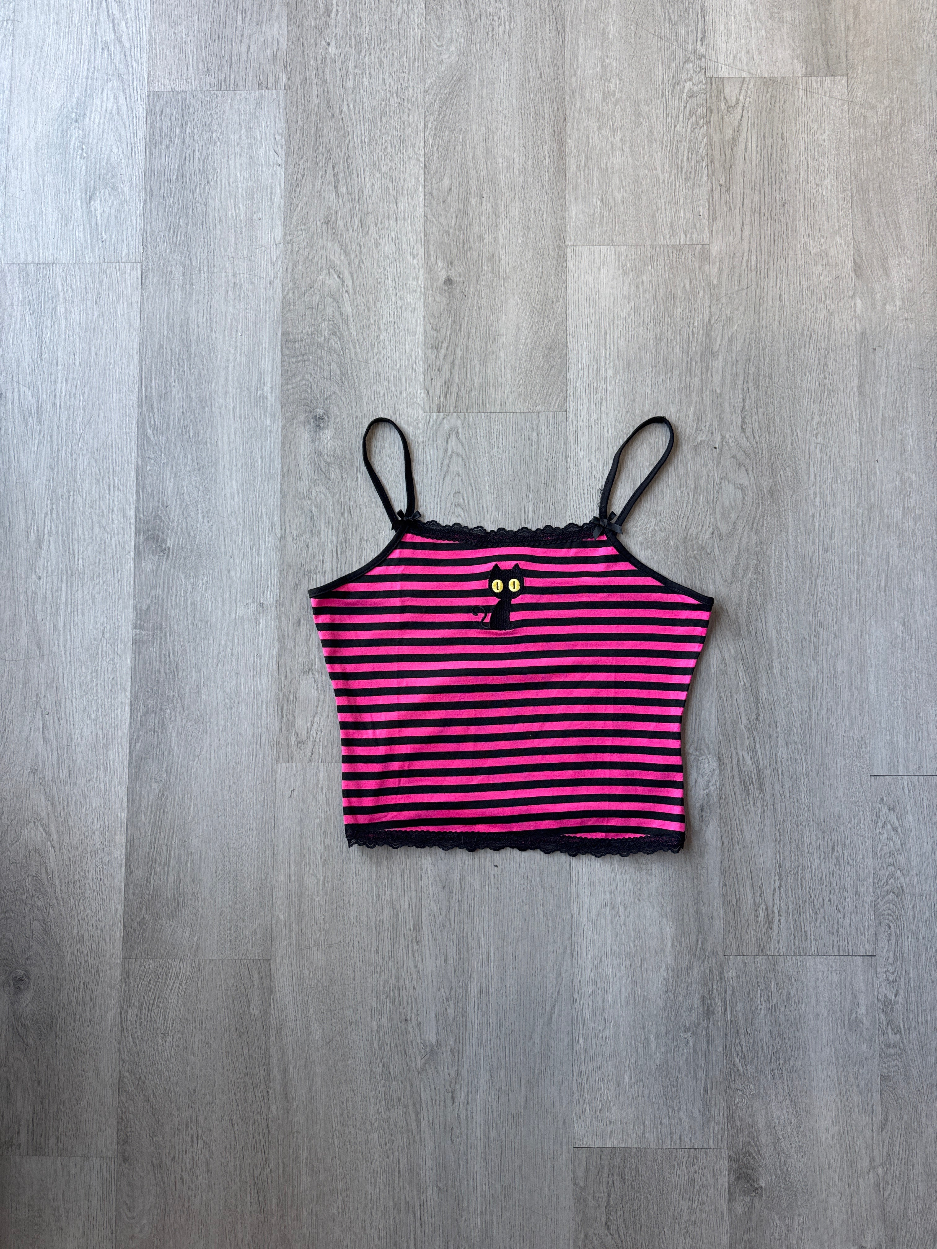 Romwe Women's Y2K Lace Striped Cami Crop Cat Embroidery Tank Top