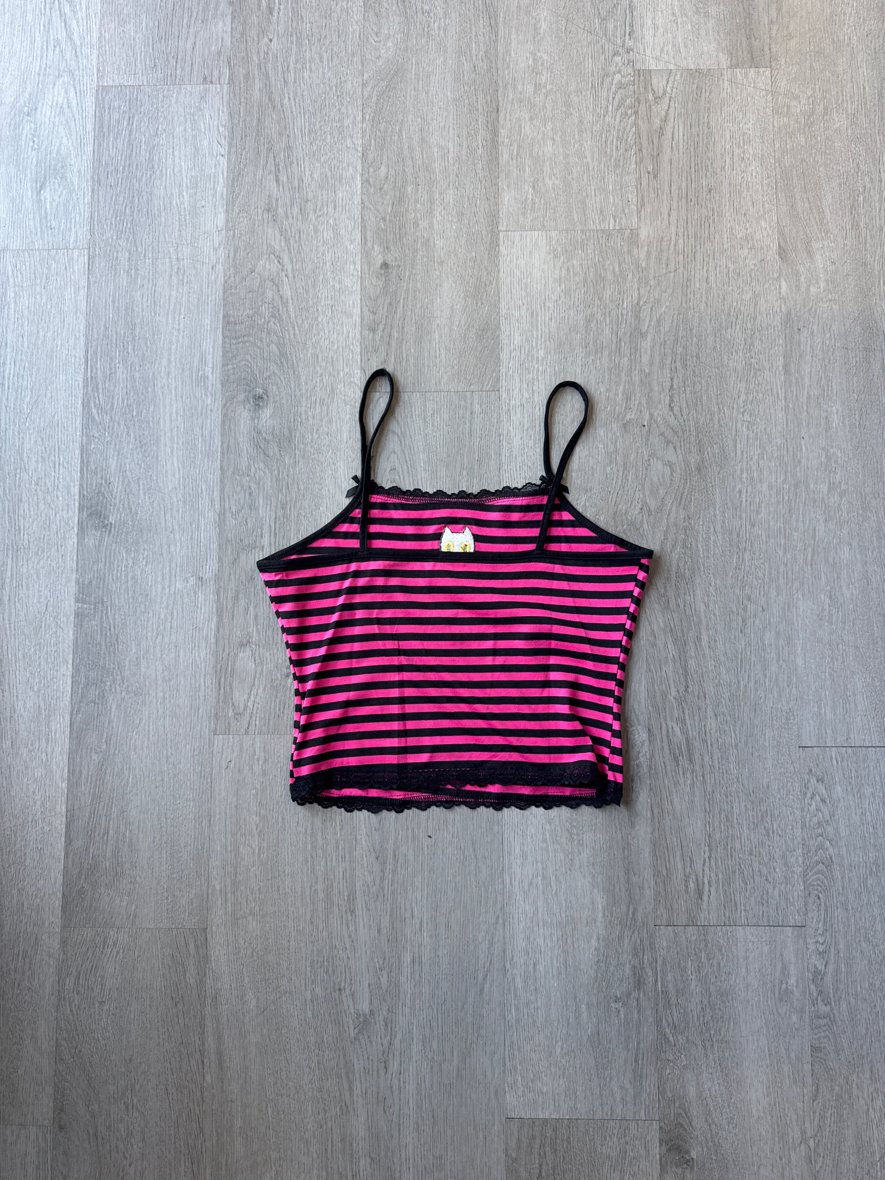 Romwe Women's Y2K Lace Striped Cami Crop Cat Embroidery Tank Top