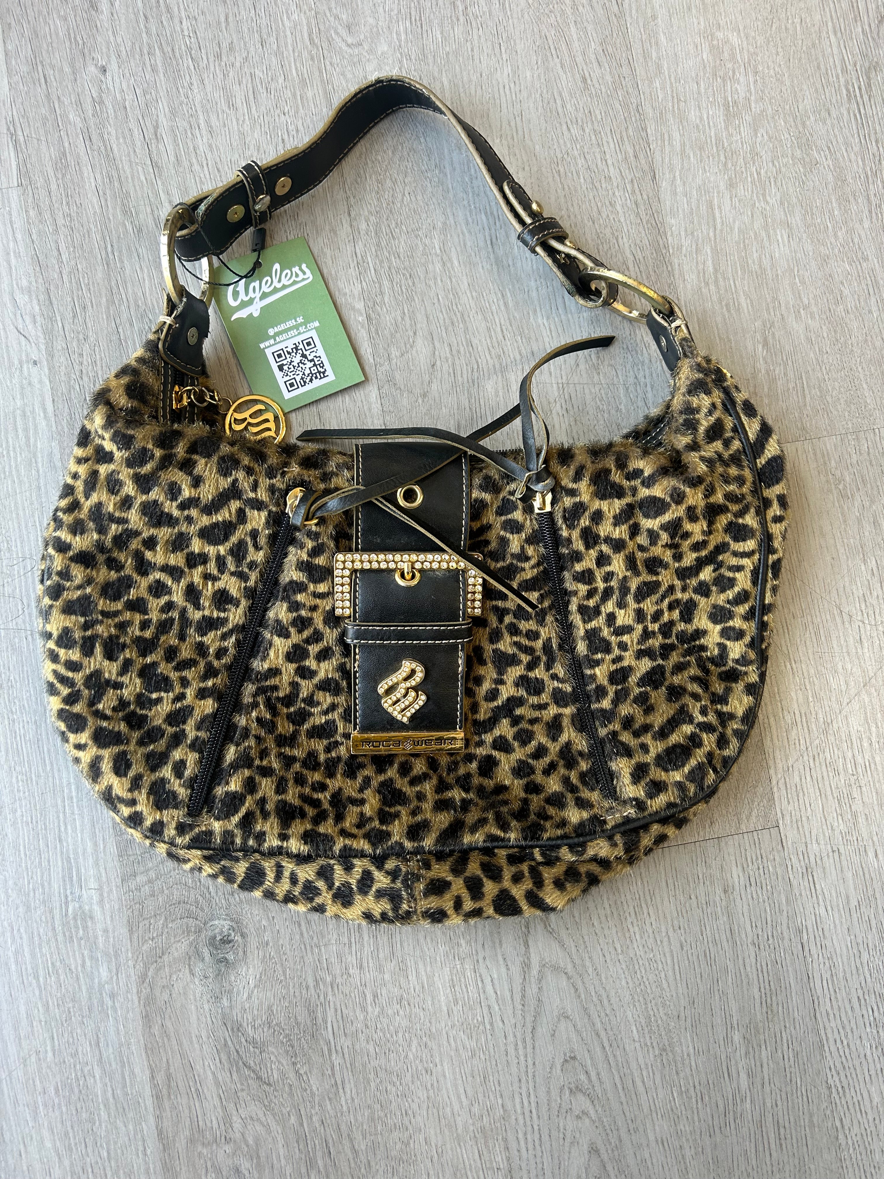 Vintage Rocawear Leopard-Print Rhinestone Hobo Bag