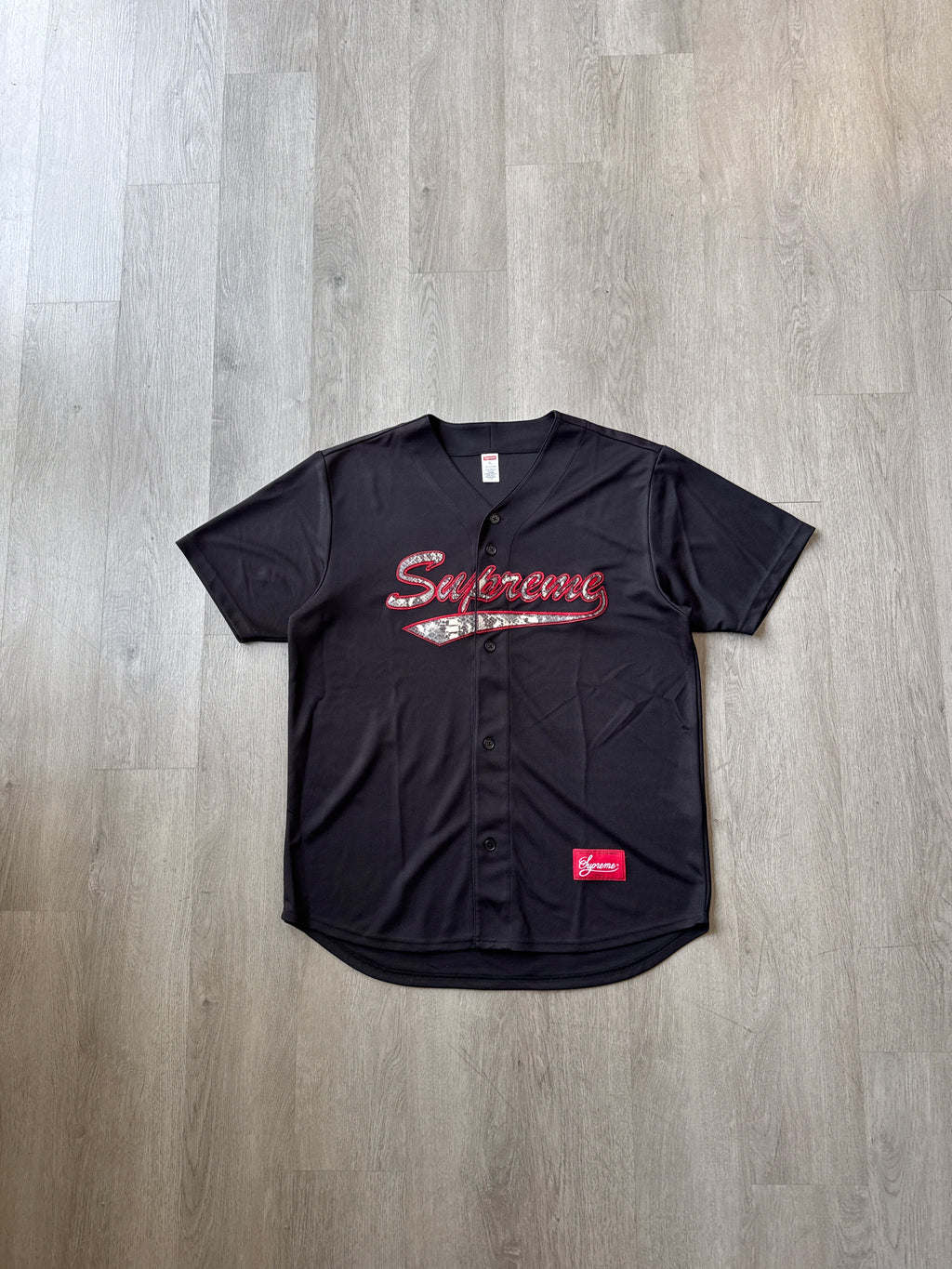 Supreme Snake Script Logo Black Baseball Jersey