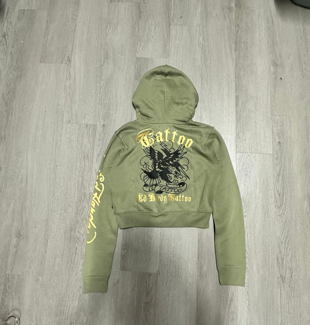 Women’s Ed Hardy Green Broken Hearts & Fairy Tales Cropped Zip Up Hoodie Jacket