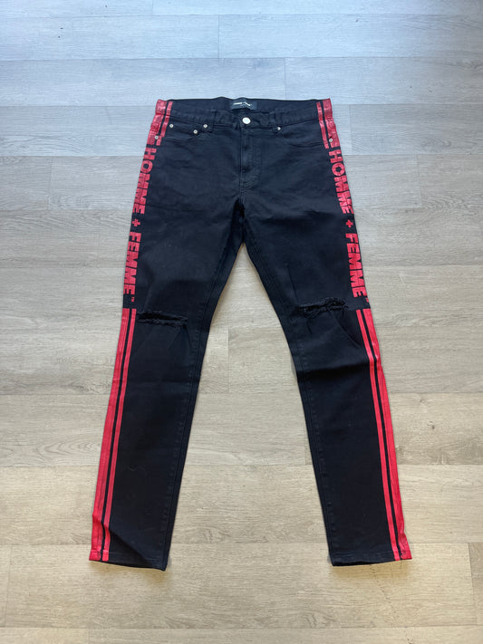 Homme + Femme Black Distressed Jeans Red Stripe